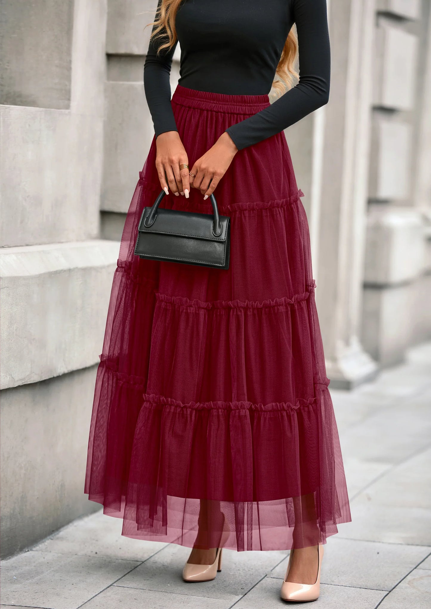 Maxi Skirts for Women Fall Tulle High Waisted Ruffle Flowy A-Line Long Skirt Country Concert Outfits