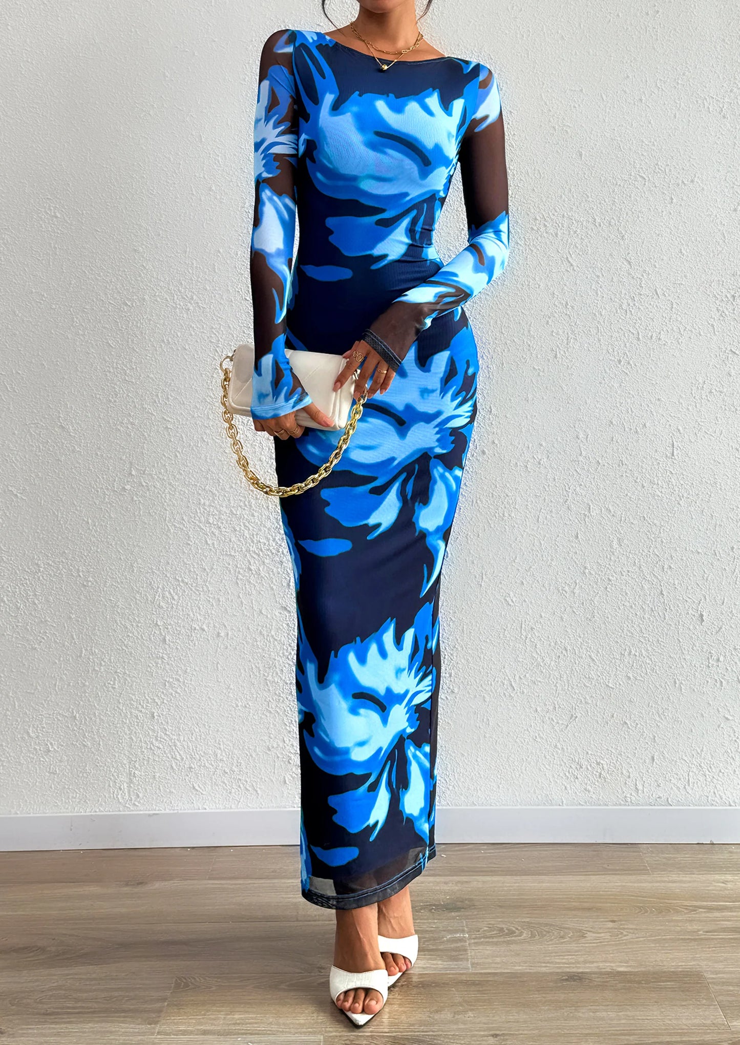 Bodycon Maxi Dress Fall Floral Long Sleeve Sexy Mesh Cocktail Wedding Guest Long Dresses