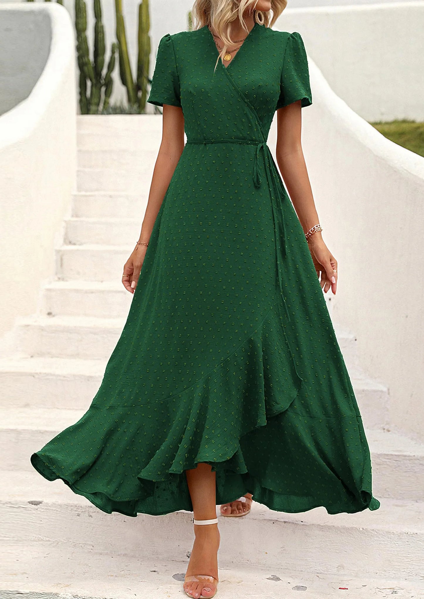 Women's Summer Maxi Dress Casual Wrap Floral Boho Short Sleeve V Neck Split Ruffle Beach Long Dresses