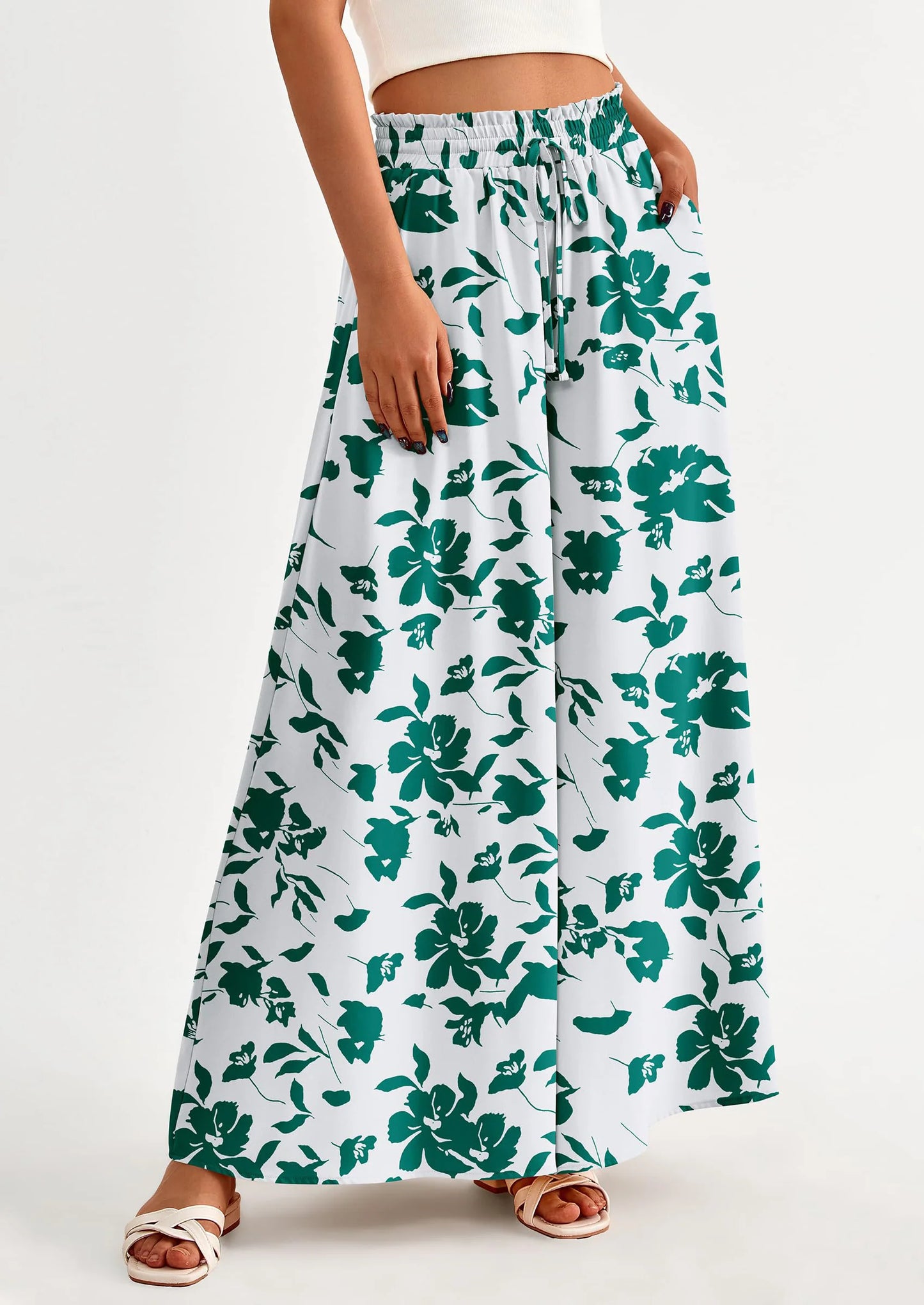 Women's Summer Wide Leg Palazzo Pants High Waisted Flowy Pockets Trendy Casual Lounge Boho Beach Trousers