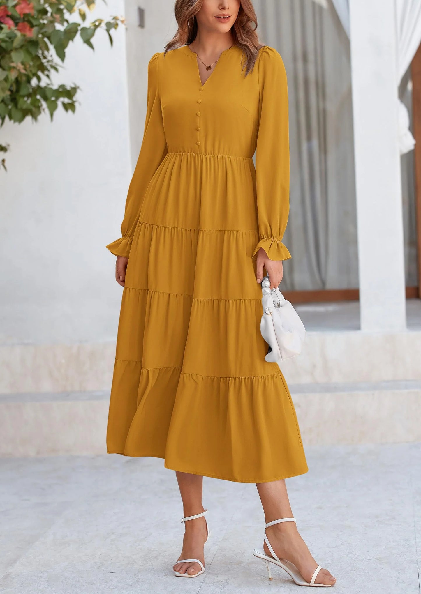 Women Fall Long Sleeve Smocked Maxi Dress Casual Square Neck Swiss Dot Tiered Ruffle Flowy Spring Pocket Dresses