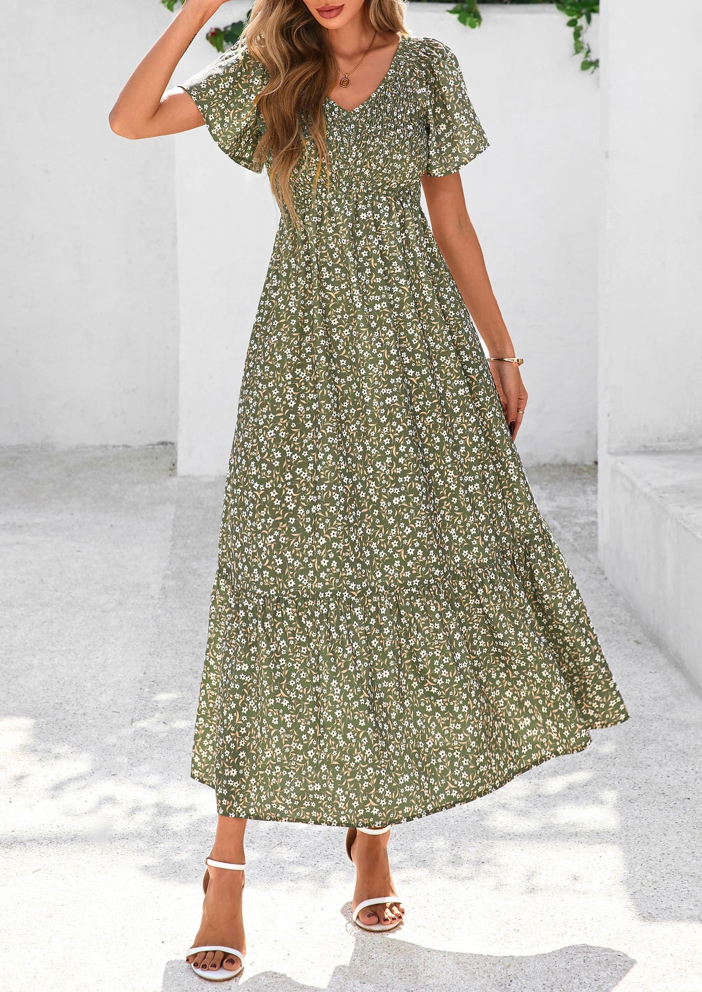 Women Floral Boho Maxi Dresses Short Sleeve V Neck Smocked A Line Long Flowy Beach Vacation Dress