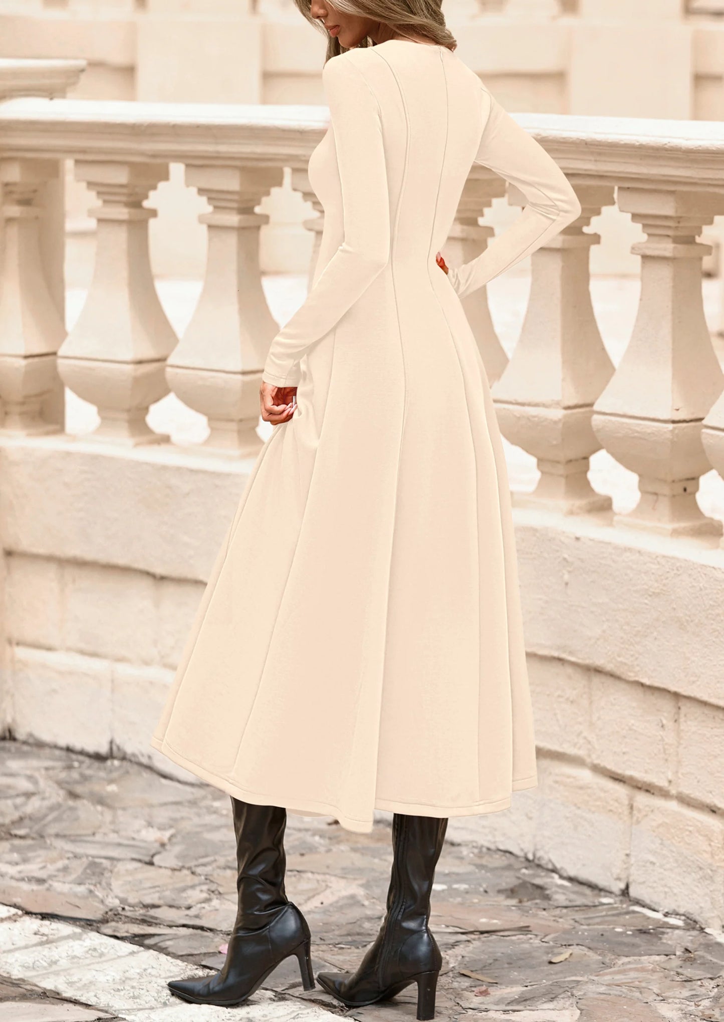 Women's Fall Long Sleeve Midi Dress Casual Elegant Ruffle Flowy A Line Swing Cocktail Party Dresses