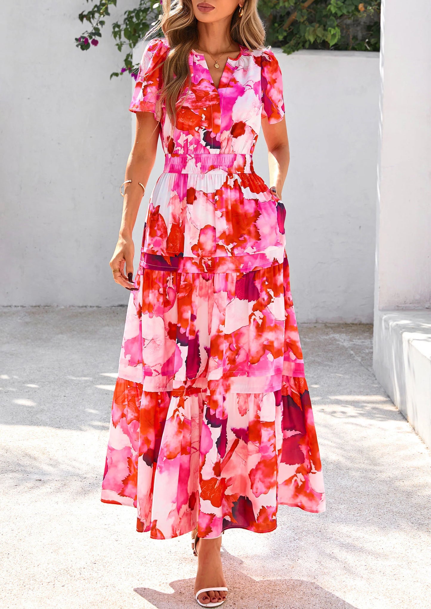 Women's Boho Maxi Dresses Floral Short Sleeve V Neck A Line Tiered Flowy Long Beach Vacation Dress