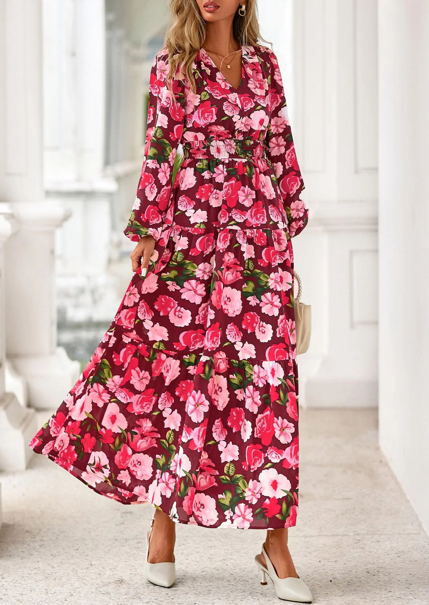 Long Sleeve Maxi Fall Dresses for Women Vneck Smocked Boho Floral Tiered Swing Flowy Wedding Guest Dress