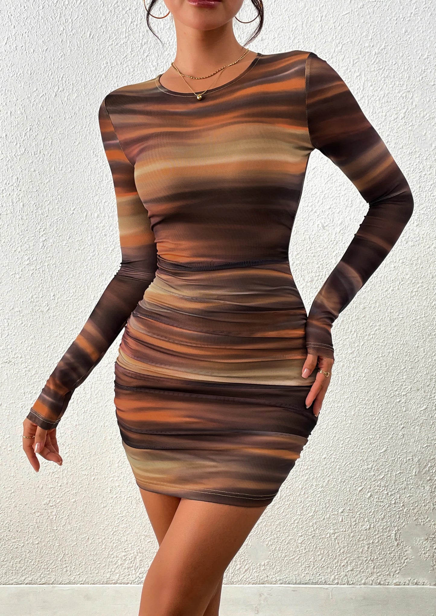 Women's Mini Dress Fall Trendy Tie Dye Print Long Sleeve Club Party Homecoming Casual Bodycon Dresses