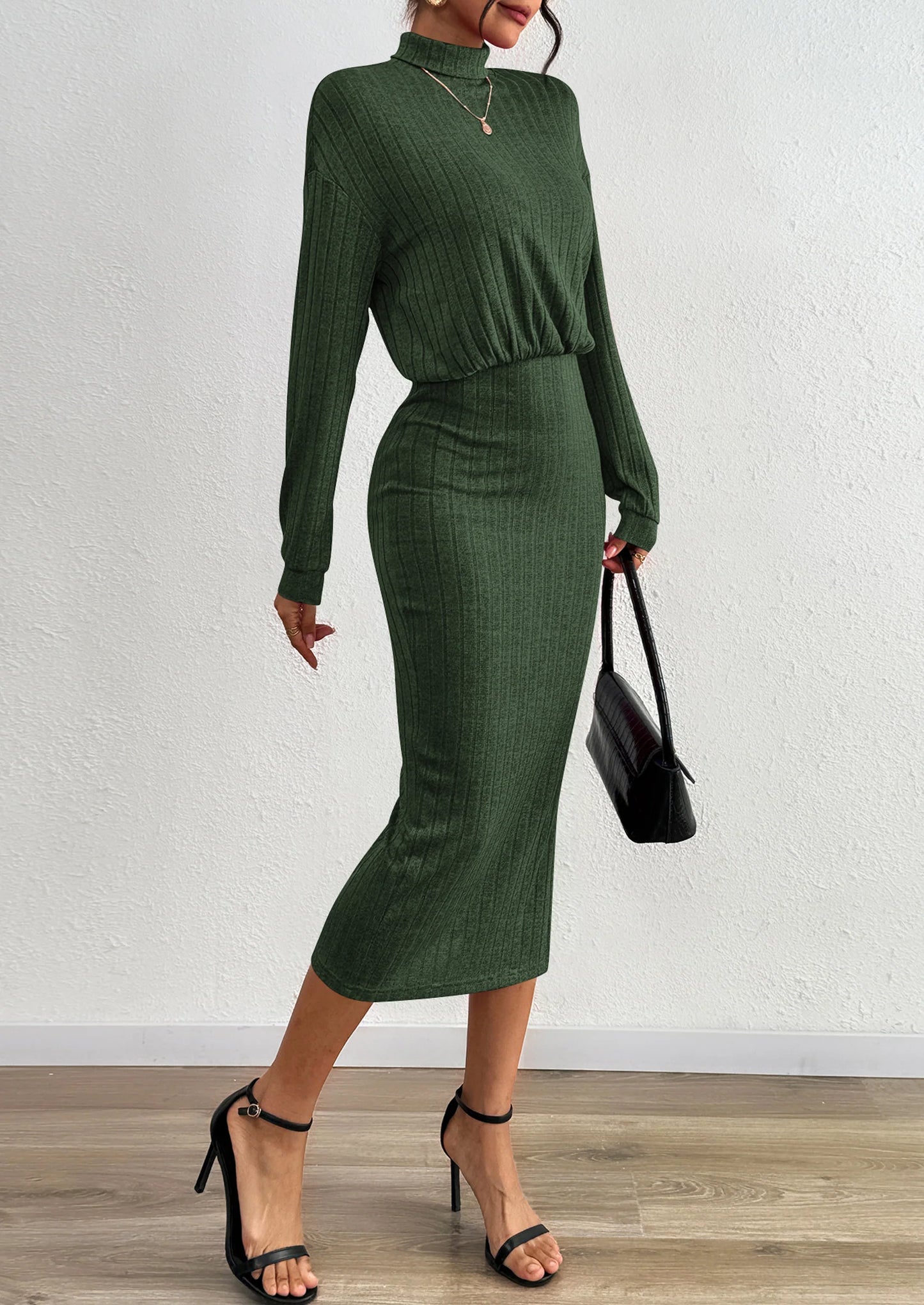 Turtle Neck Dresses for Women Fall Knit Outfits Slit Elastic Waist Long Sleeve Bodycon Midi Sweater Dress