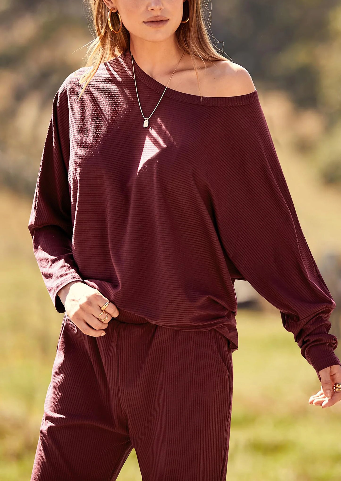 Women's Fall 2 Piece Lounge Set Long Sleeve Tops Ribbed Pants Spring Matching Sweatsuit Travel Outfits Clothes
