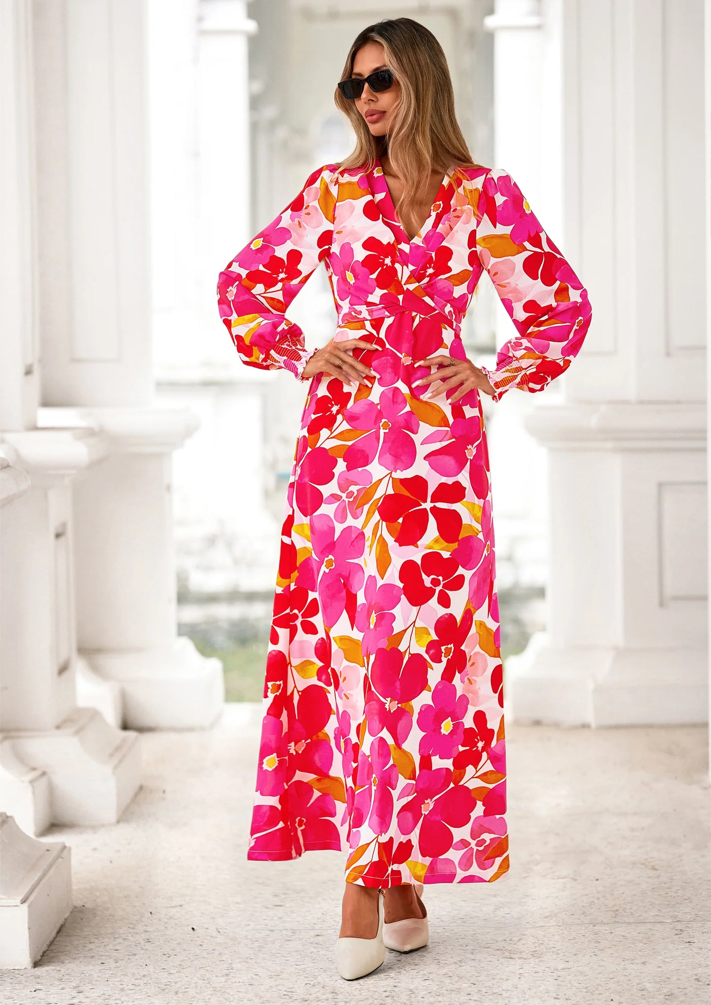Women's Fall Boho Maxi Dress Floral Long Sleeve V Neck Flowy Belted Elegant Holiday Party Dresses