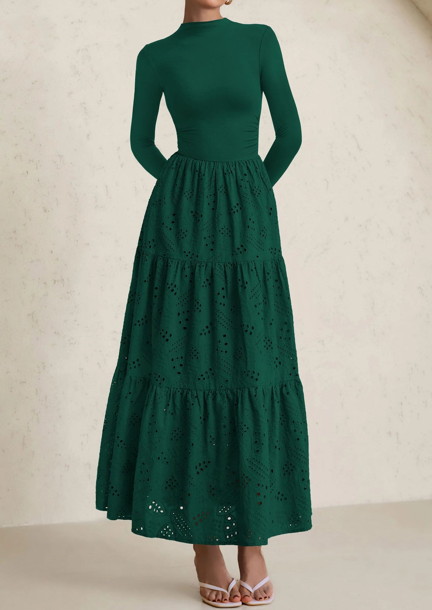 Long Sleeve Dress for Women Fall Eyelet Mock Neck A Line Elegant Classy Maxi Wedding Guest Dresses Pockets
