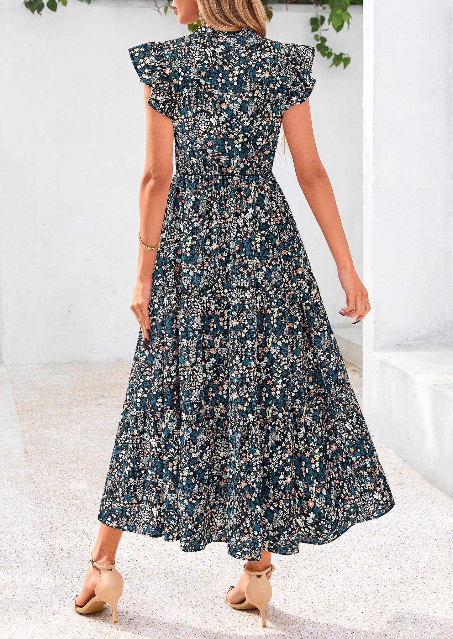 Women's Summer Floral Midi Dress Cap Sleeve V Neck Ruffle Long Flowy Boho Casual Beach Vacation Dresses