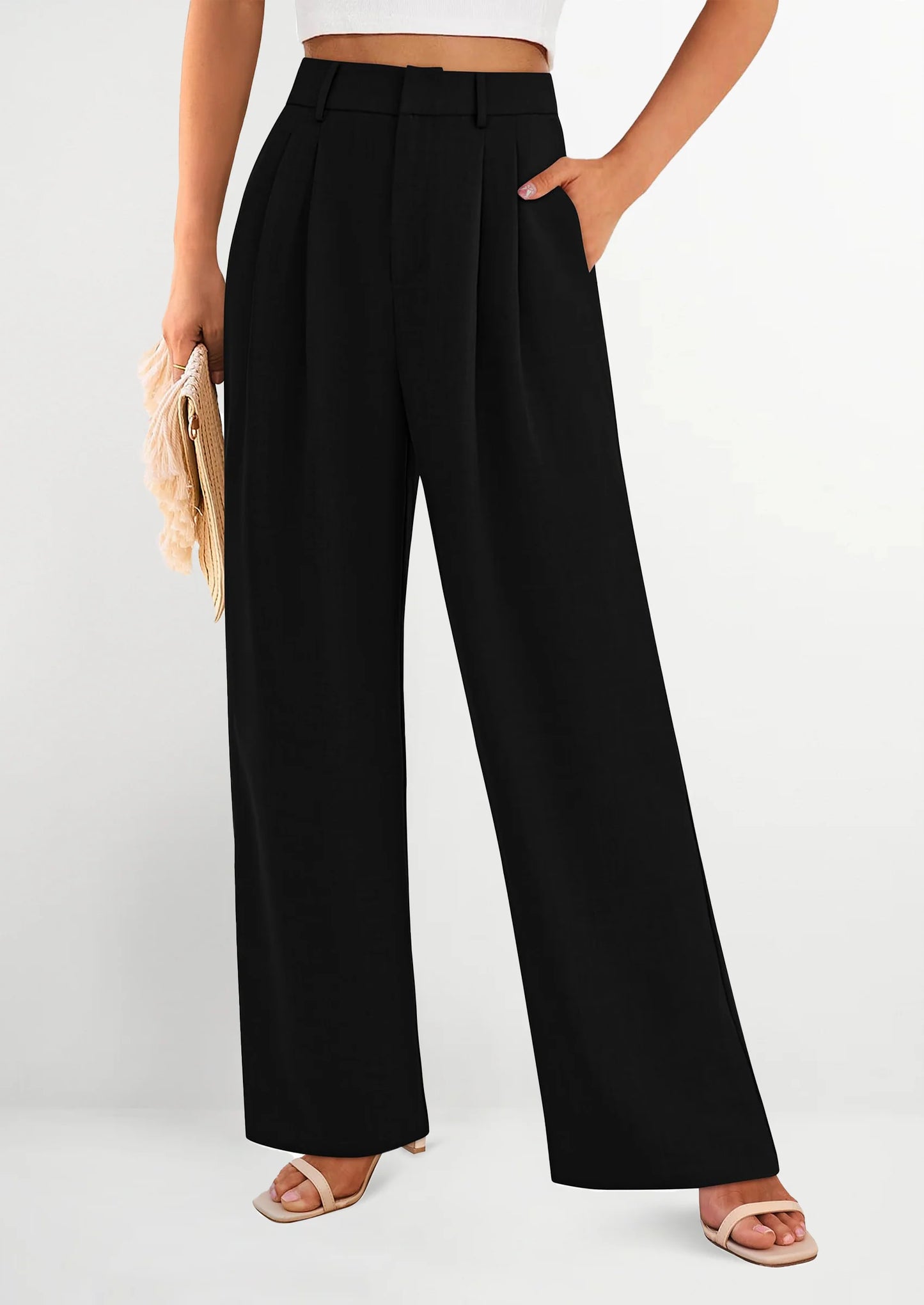 Women's Summer Elastic High Waisted Work Pants Straight Leg Dressy Business Casual Trousers Slacks Pockets