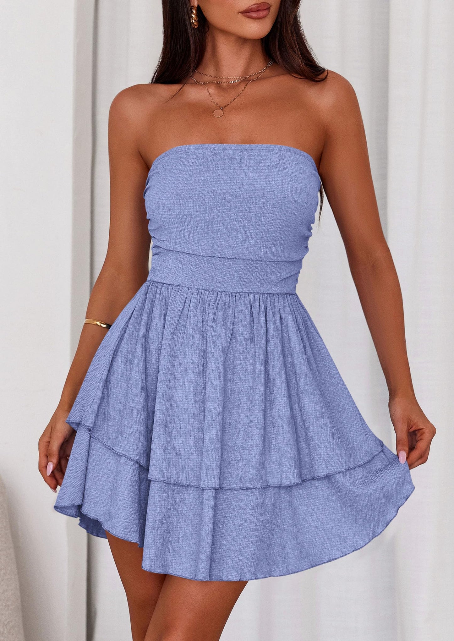 Women's Summer Strapless Tube Mini Dress Off Shoulder Smocked Ruffle A Line Flowy Short Party Club Dresses