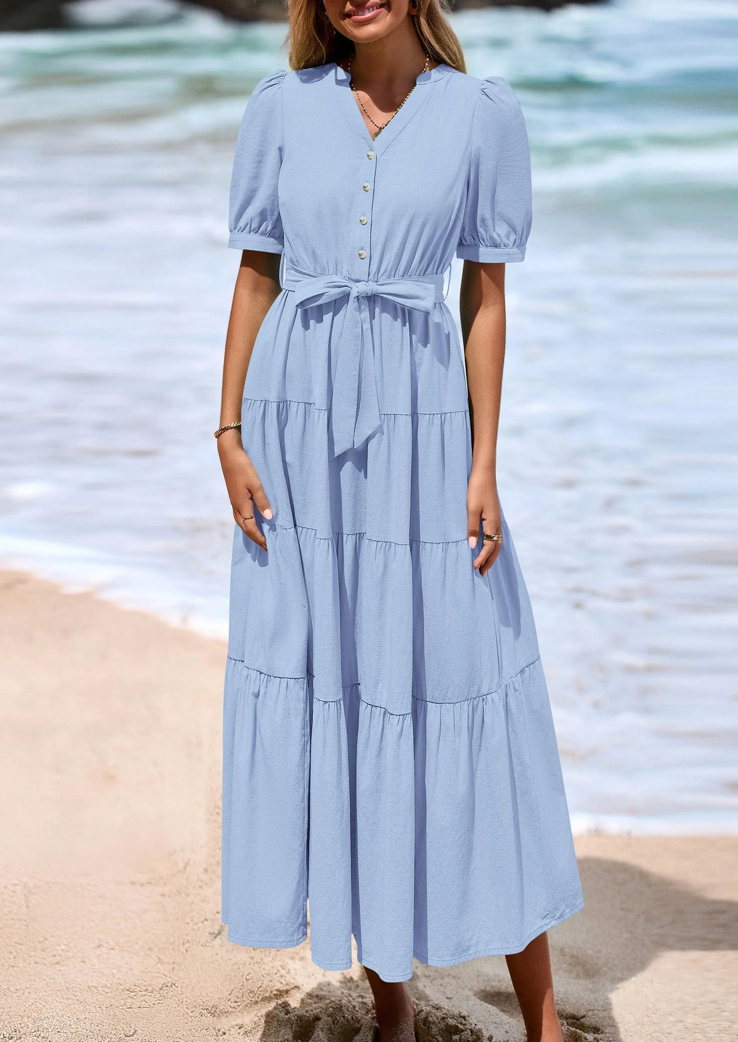 Women's Midi Dress Casual Short Sleeve V Neck Buttons Belted Ruffle A Line Flowy Dress with Pockets