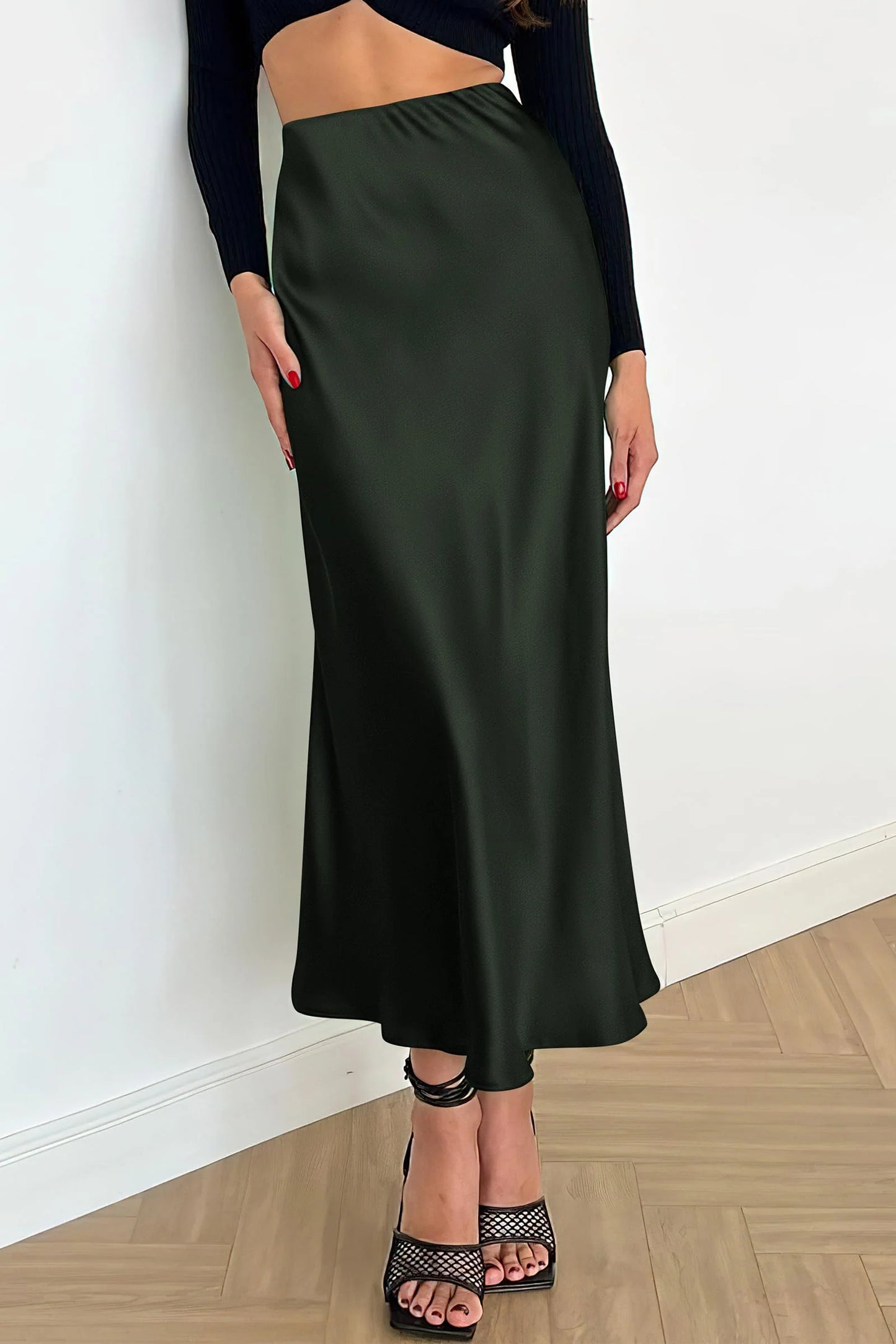 Women's Satin Skirts Dressy Casual Fall High Waisted Cocktail Wedding Flowy Elegant A Line Midi Skirt