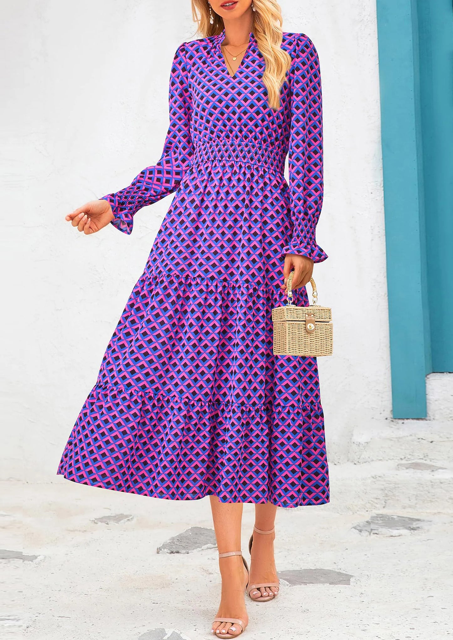 Women's Floral Maxi Dress Spring Long Sleeve V Neck Casual A Line Long Flowy Boho Party Dresses