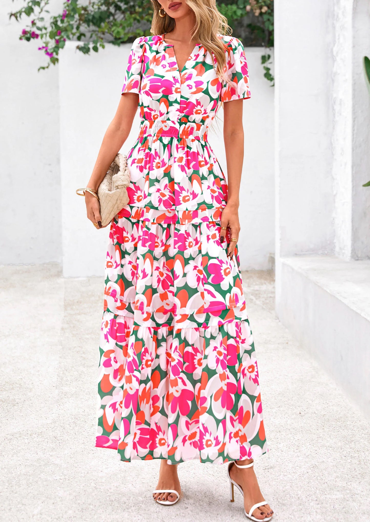 Women's Boho Maxi Dresses Floral Short Sleeve V Neck A Line Tiered Flowy Long Beach Vacation Dress