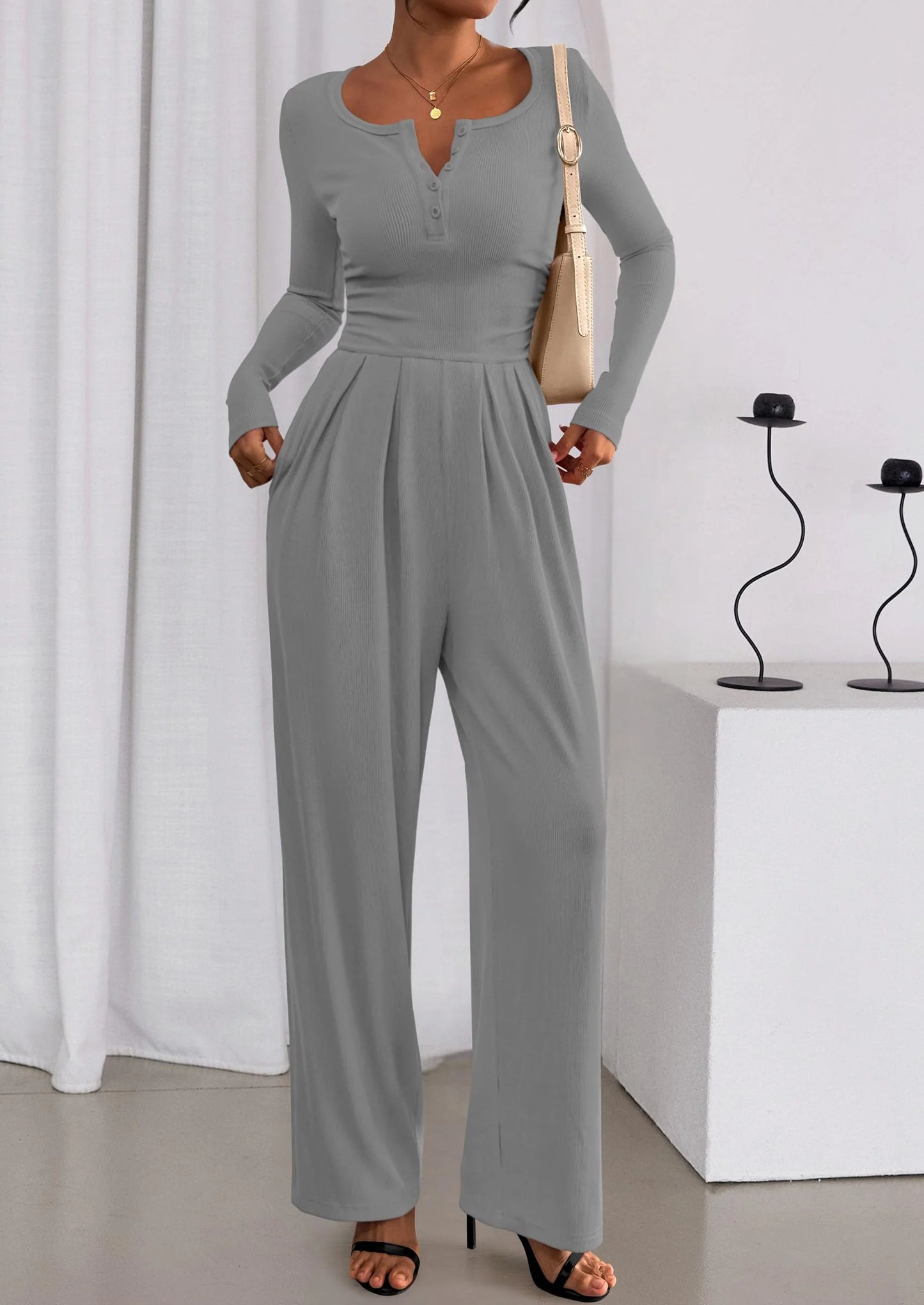 Jumpsuits for Women Dressy Casual Fall One Piece Outfits Long Sleeve Crew Neck Wide Leg Pants Rompers