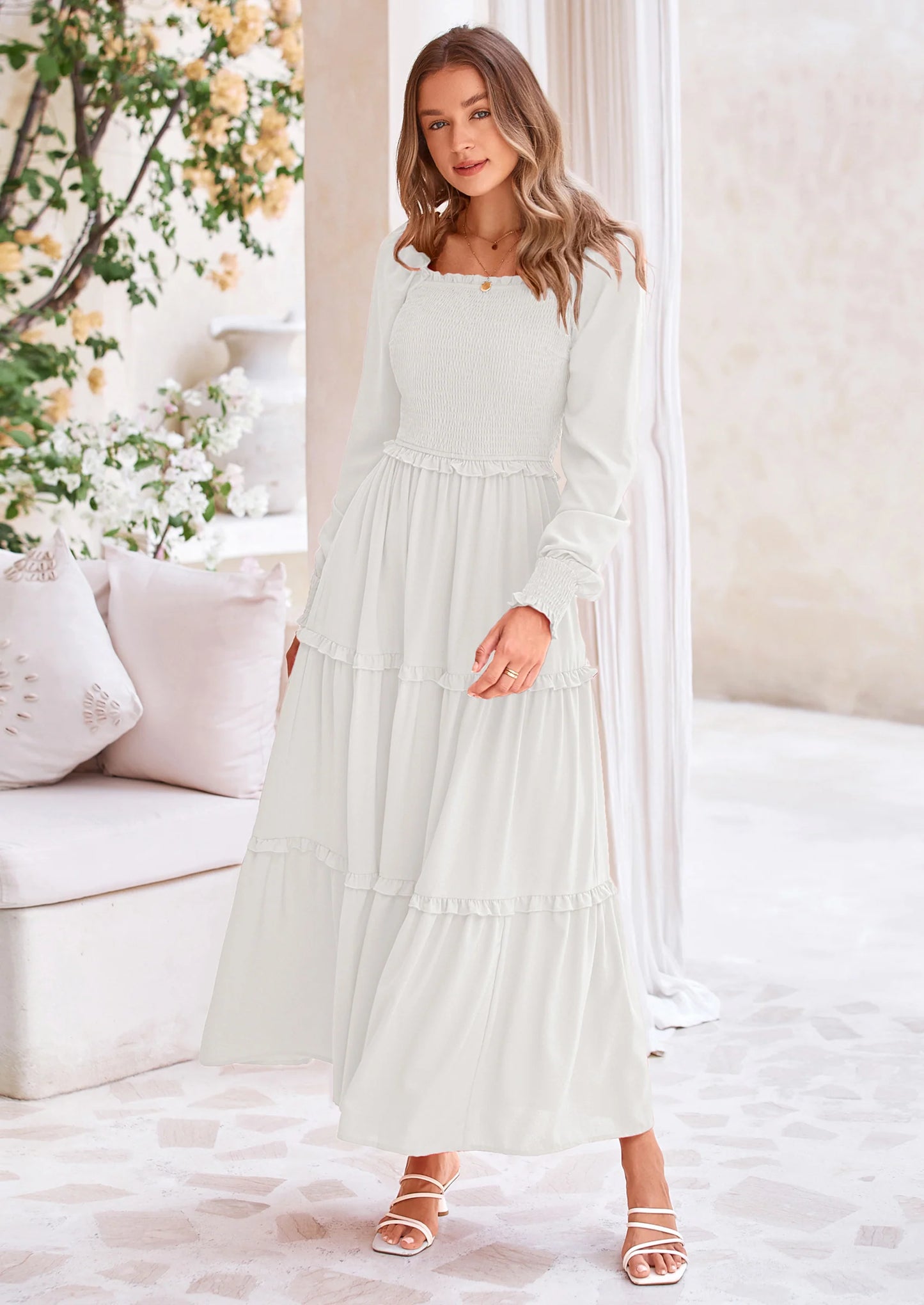 Fall Wedding Guest Dresses for Women Long Sleeve Square Neck Tiered A Line Modest Elegant Flowy Dresses