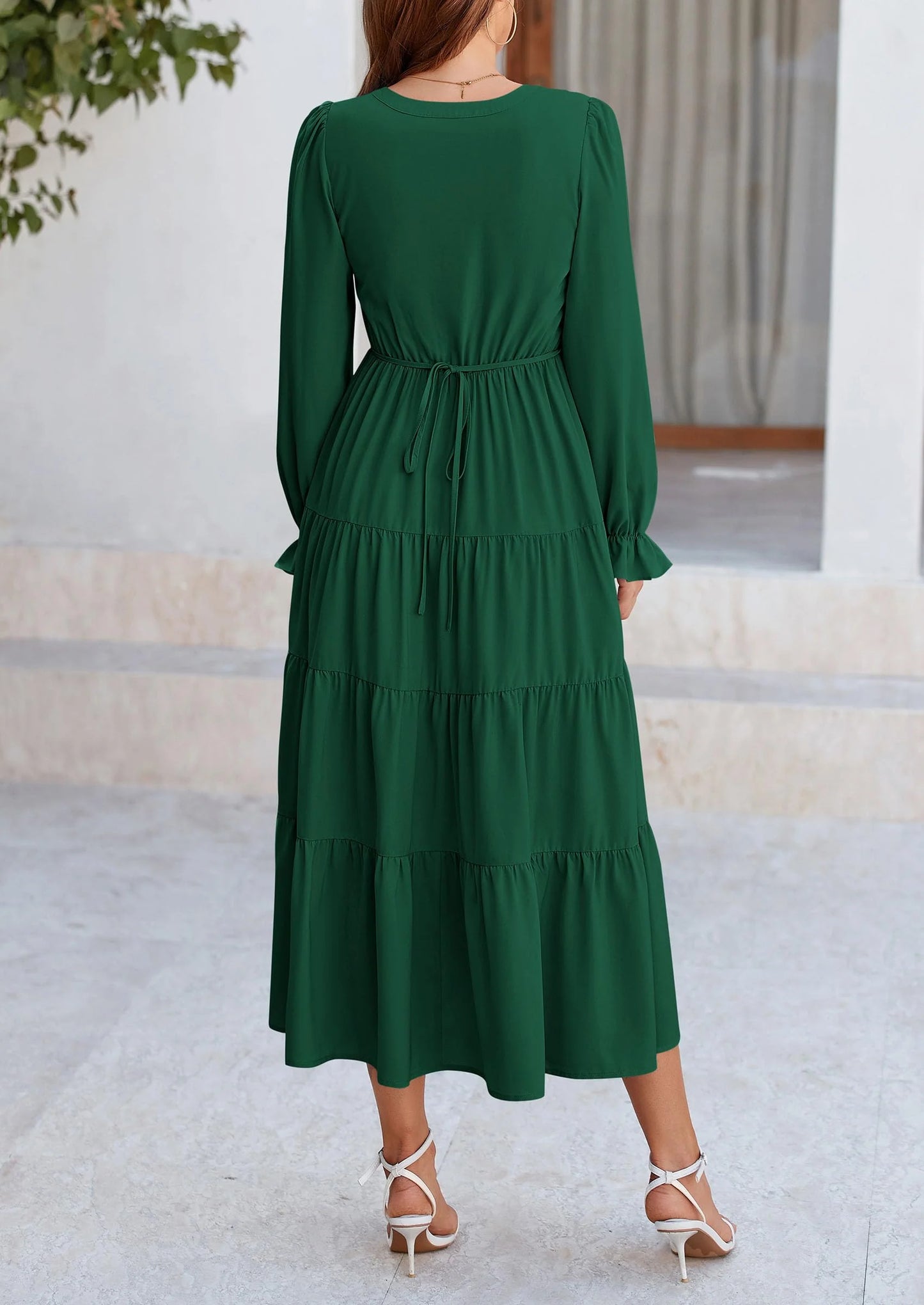 Women Fall Long Sleeve Smocked Maxi Dress Casual Square Neck Swiss Dot Tiered Ruffle Flowy Spring Pocket Dresses