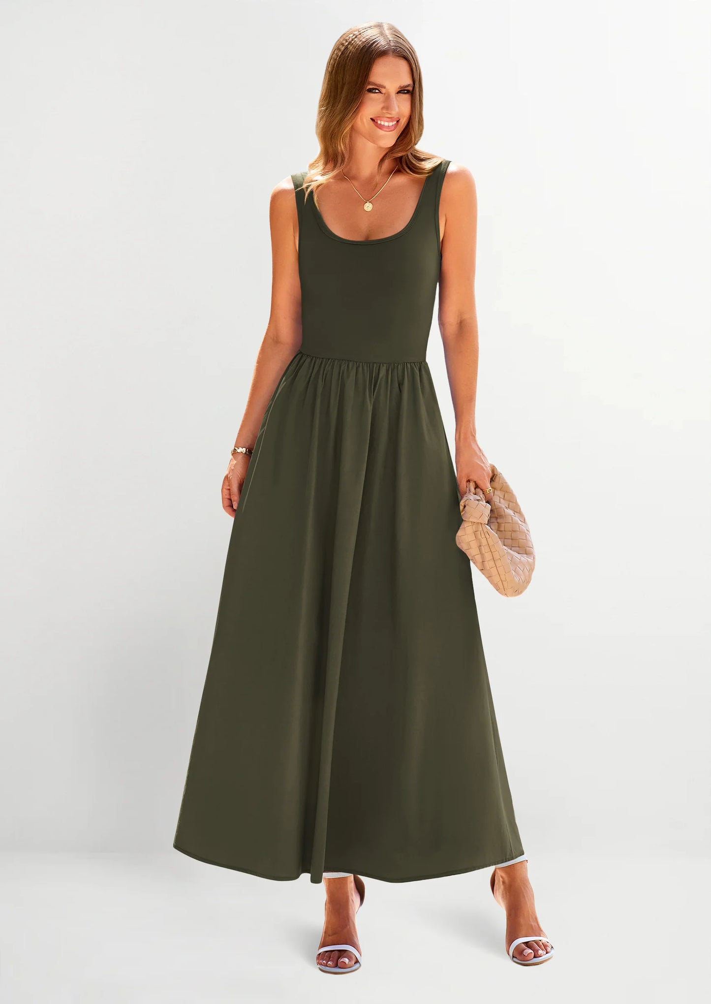 Womens Summer Casual Scoop Neck Sleeveless Long Dresses Tank Top Patchwork Aline Swing Maxi Dress with Pockets