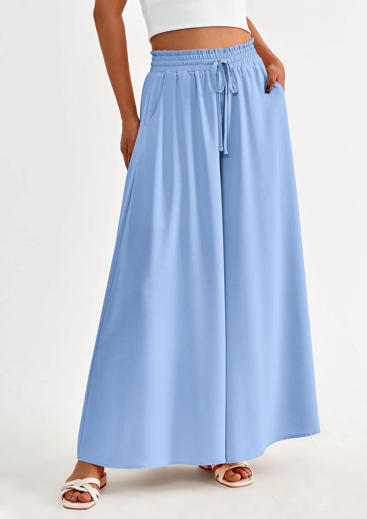 Women's Summer Wide Leg Palazzo Pants High Waisted Flowy Pockets Trendy Casual Lounge Boho Beach Trousers