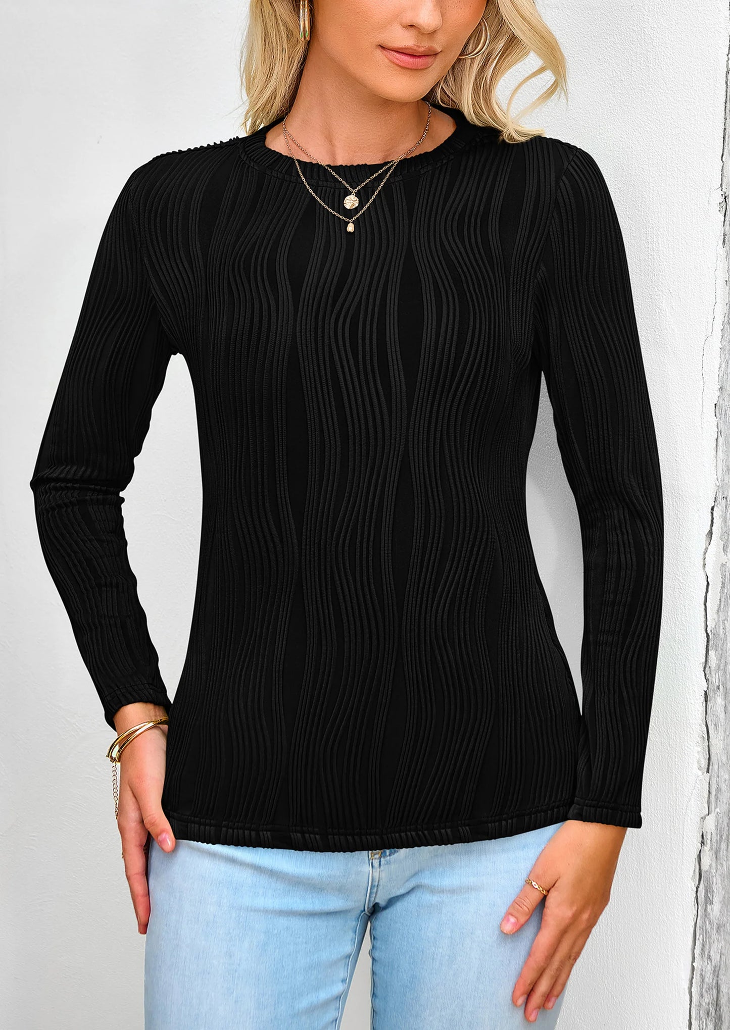 Long Sleeve Tops for Women Spring Fall Trendy Business Dressy Casual Shirts Crewneck Textured Blouse