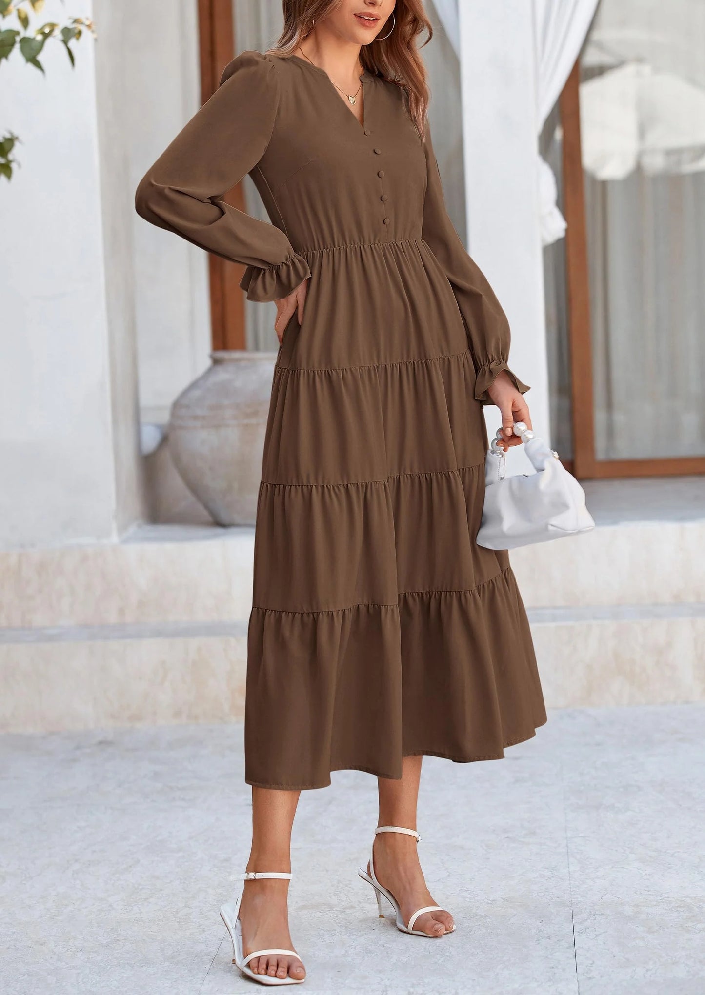 Women Fall Long Sleeve Smocked Maxi Dress Casual Square Neck Swiss Dot Tiered Ruffle Flowy Spring Pocket Dresses