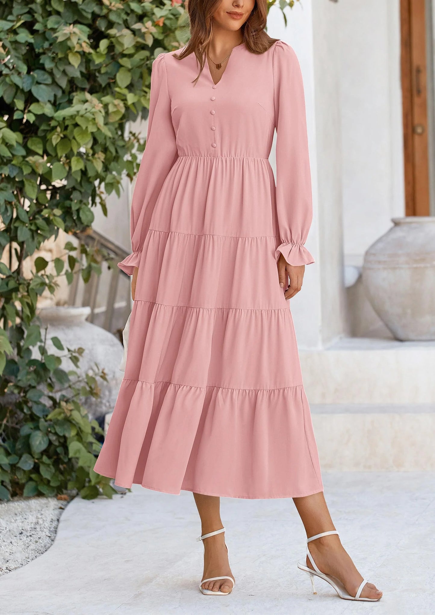 Women Fall Long Sleeve Smocked Maxi Dress Casual Square Neck Swiss Dot Tiered Ruffle Flowy Spring Pocket Dresses