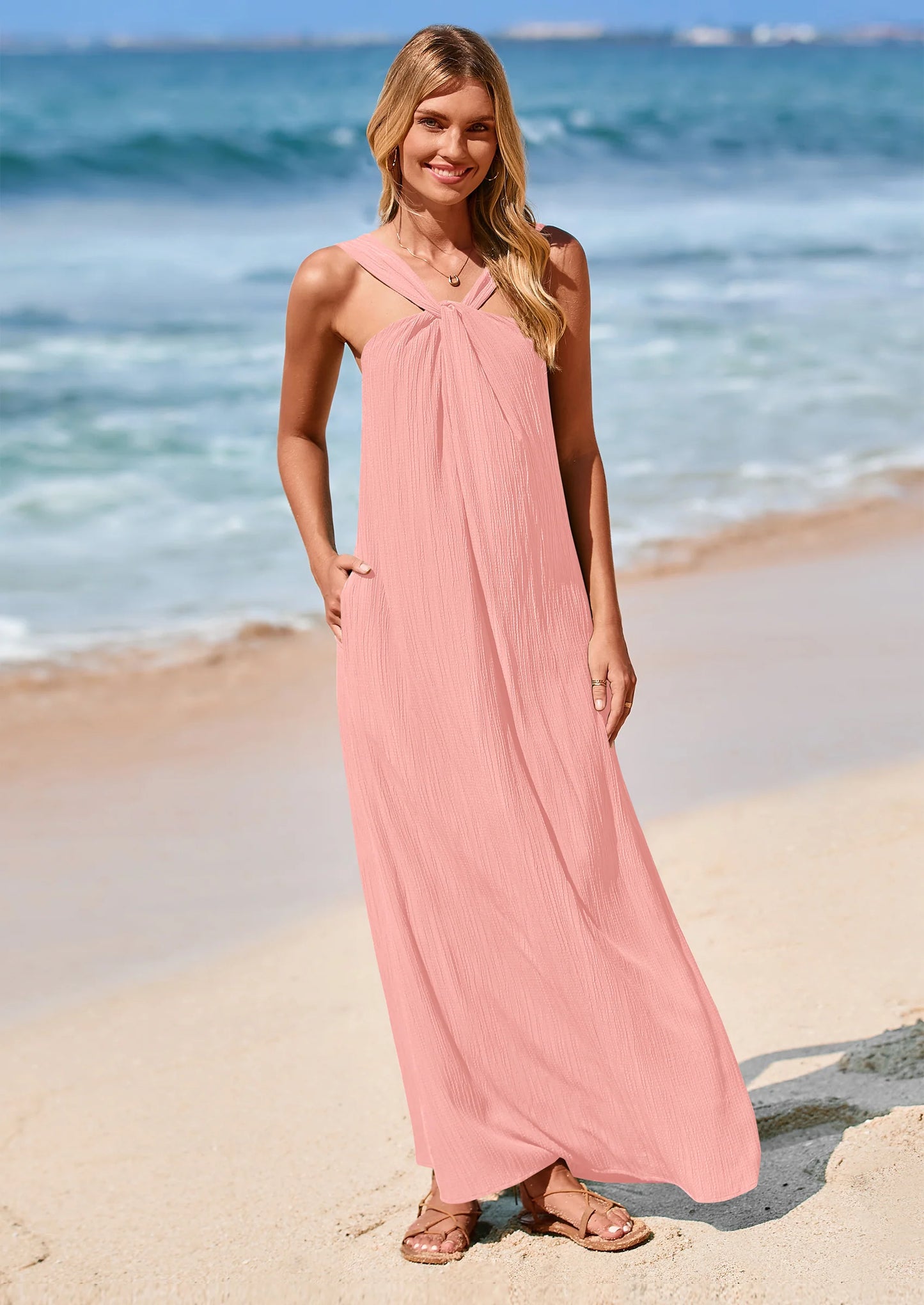 Womens Casual Long Summer Dresses Sleeveless Strappy Loose Flowy Beach Vacation Maxi Dress with Pockets