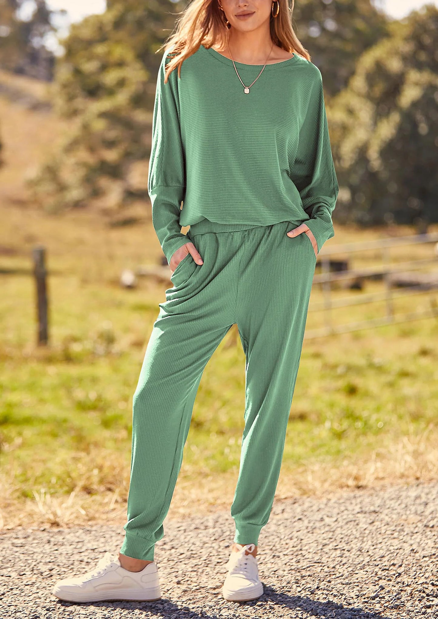 Women's Fall 2 Piece Lounge Set Long Sleeve Tops Ribbed Pants Spring Matching Sweatsuit Travel Outfits Clothes