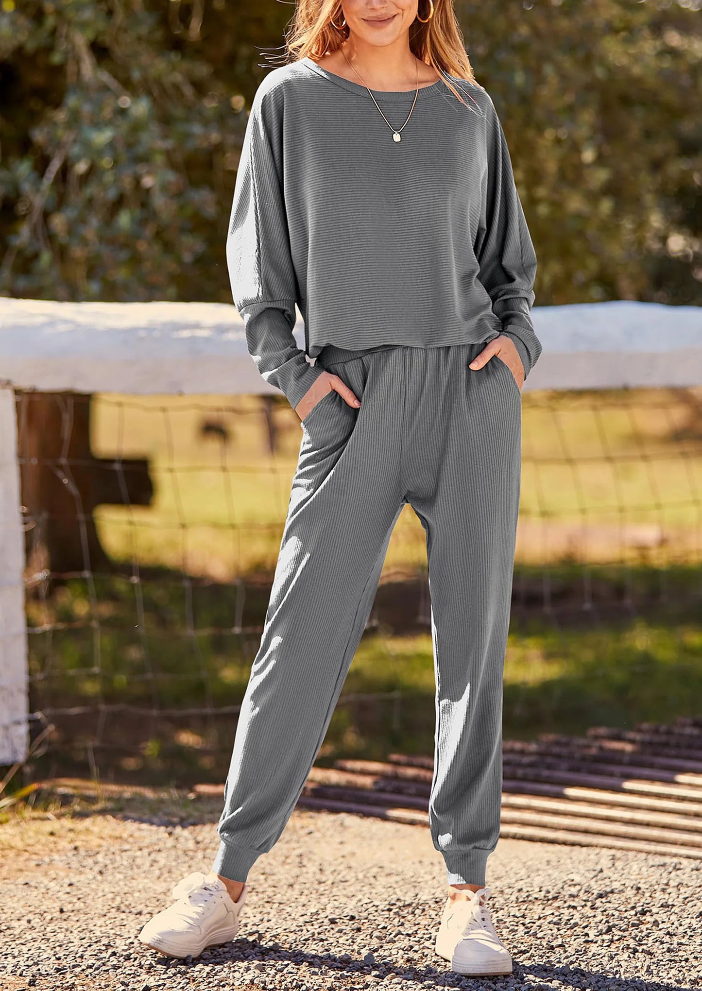 Women's Fall 2 Piece Lounge Set Long Sleeve Tops Ribbed Pants Spring Matching Sweatsuit Travel Outfits Clothes