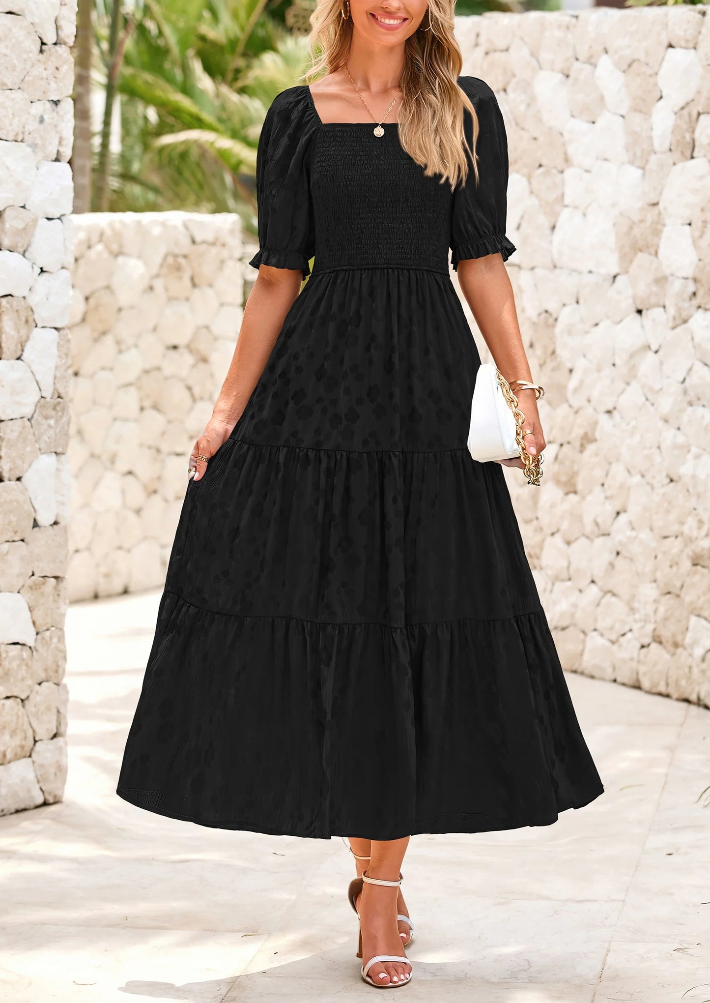 Women's Casual Midi Dresses Square Neck Short Sleeve Smocked A Line Floral Flowy Elegant Boho Dress