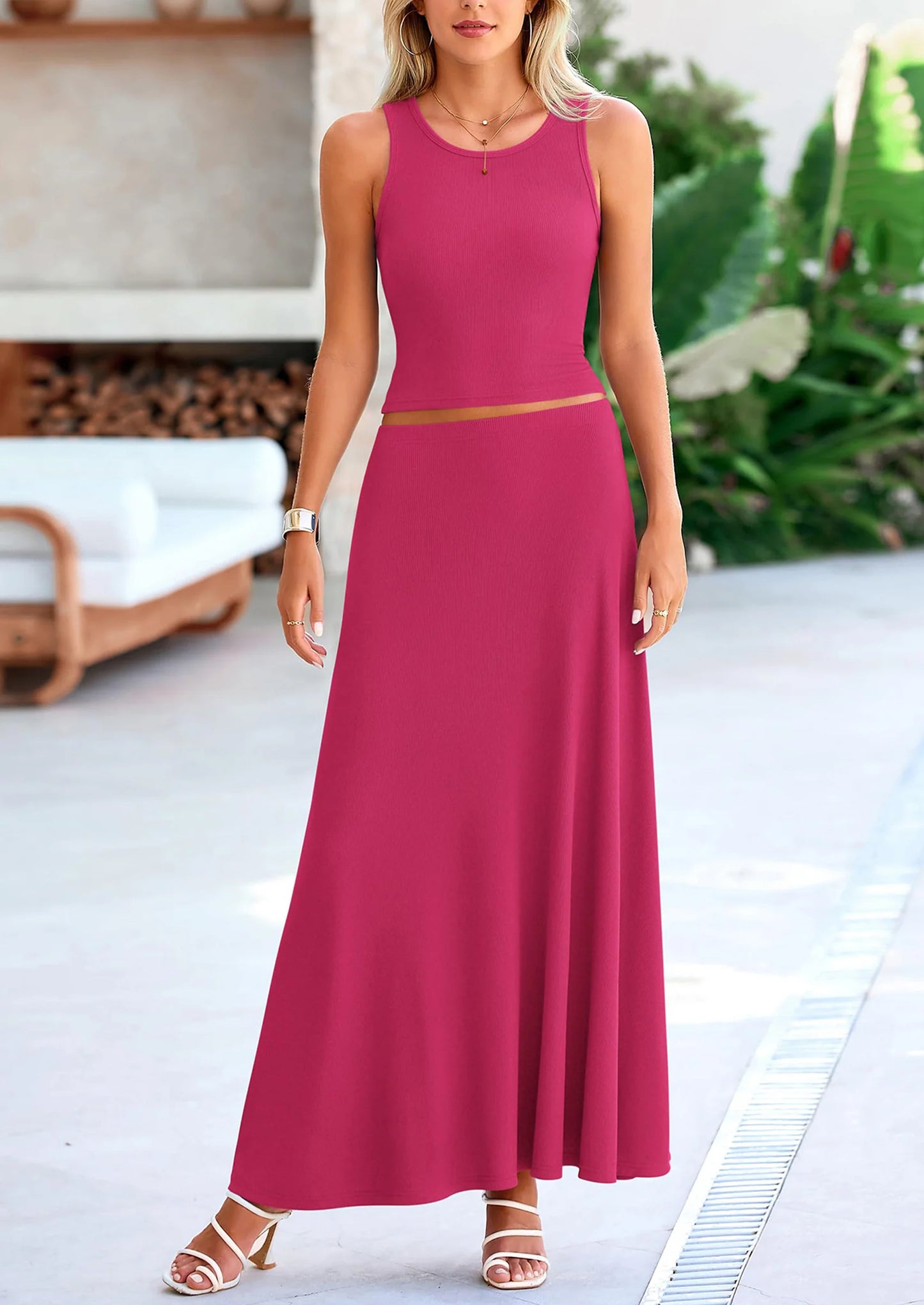 2 Piece Maxi Skirt Sets Casual Knit Cropped Tank Top High Waisted Long Skirts Outfit