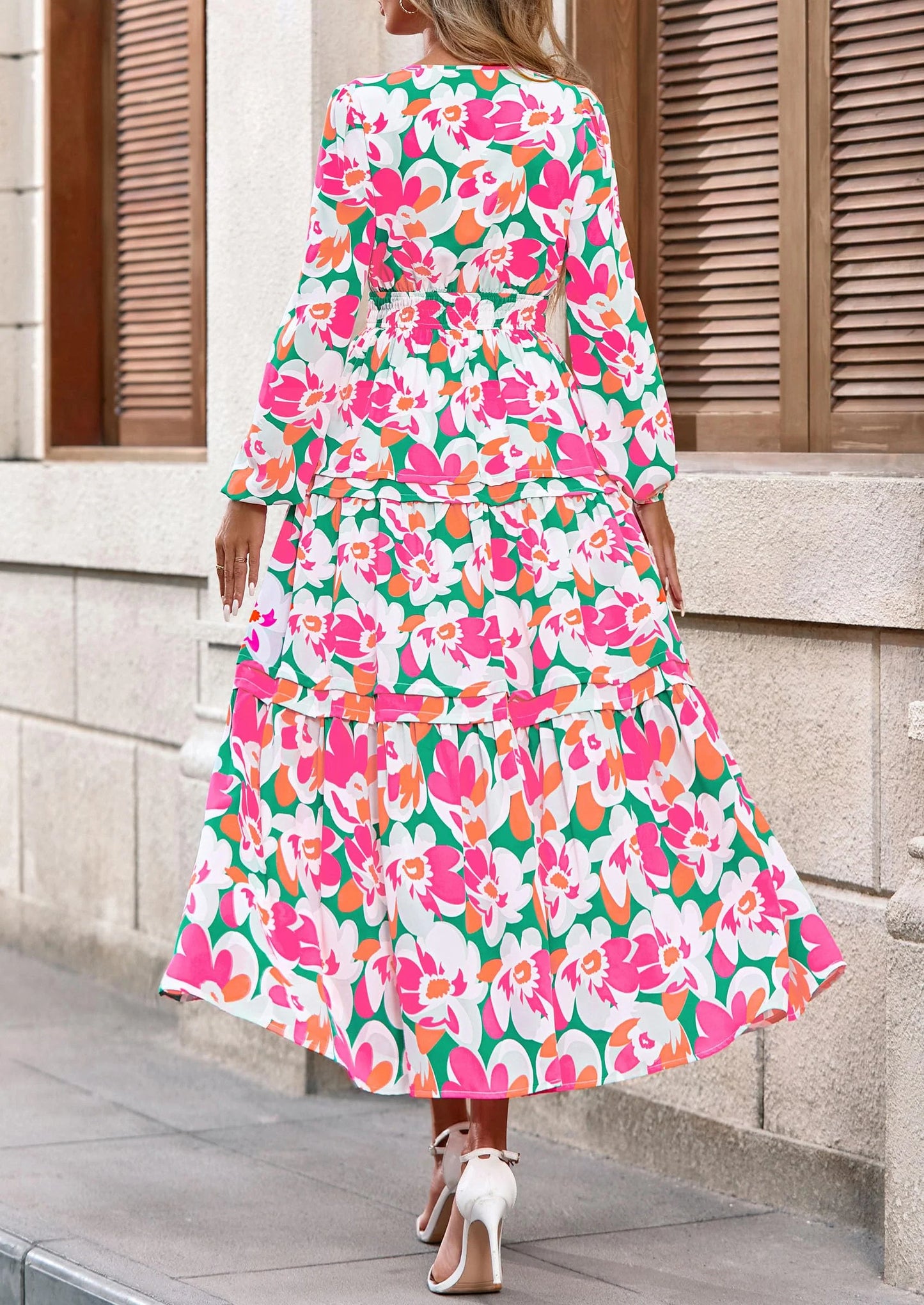 Women's Fall Boho Maxi Dresses Floral Long Sleeve V Neck Flowy Elegant Wedding Guest Dress Vacation Outfits