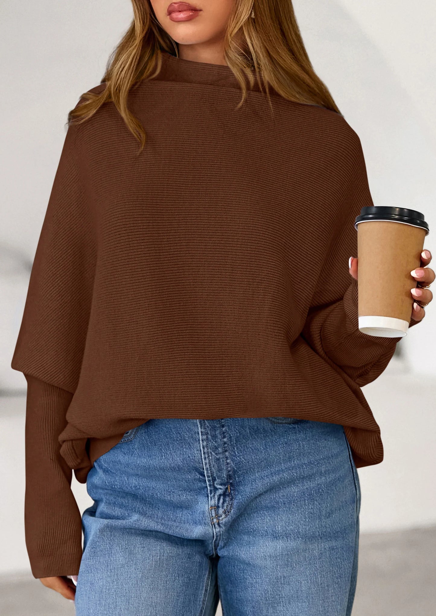 Womens Sweaters Fall Fashion Casual Loose Turtleneck Batwing Long Sleeve Knit Sweater Pullover Tops