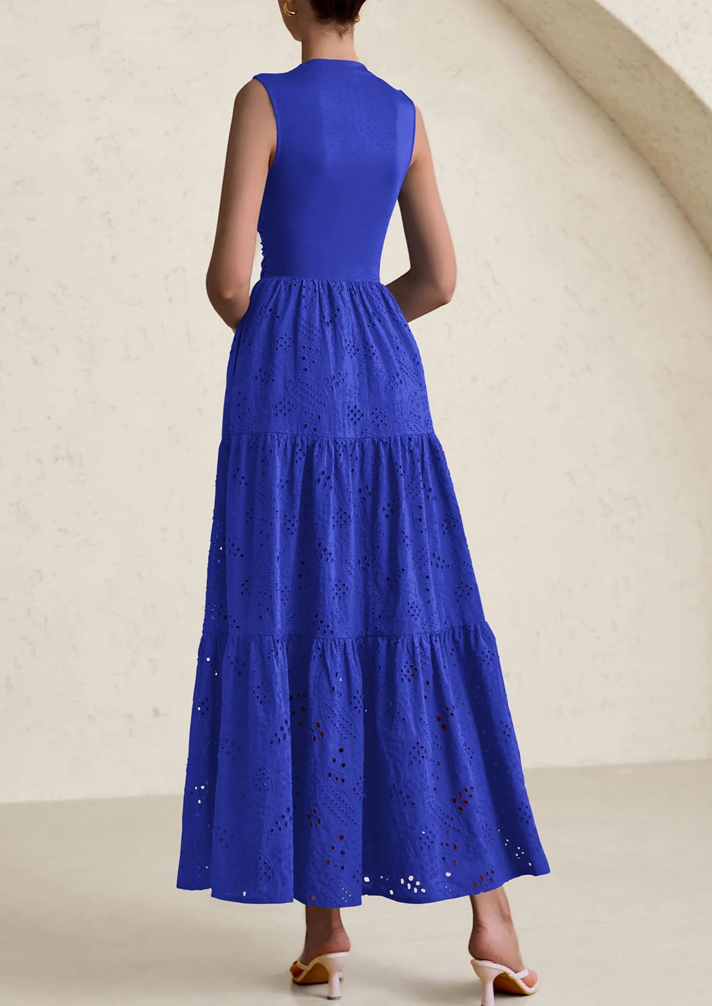 Dresses for Women Casual Eyelet Sleeveless Wedding Guest Maxi Dress Tank Top Sundress with Pockets