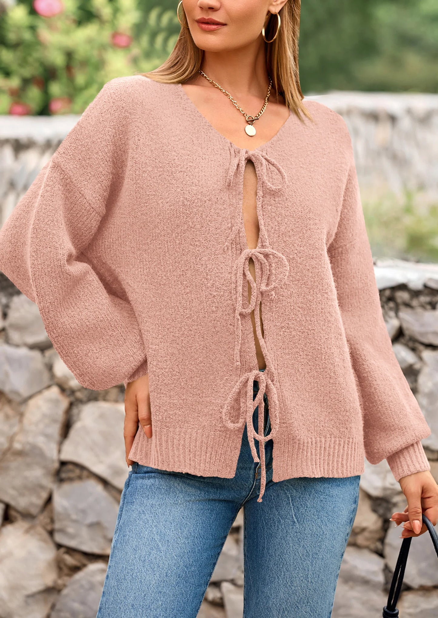 Women's Tie Front Bow Cardigan Sweaters Chunky Knit Long Puff Sleeve Trendy Fall Winter Jacket Coats