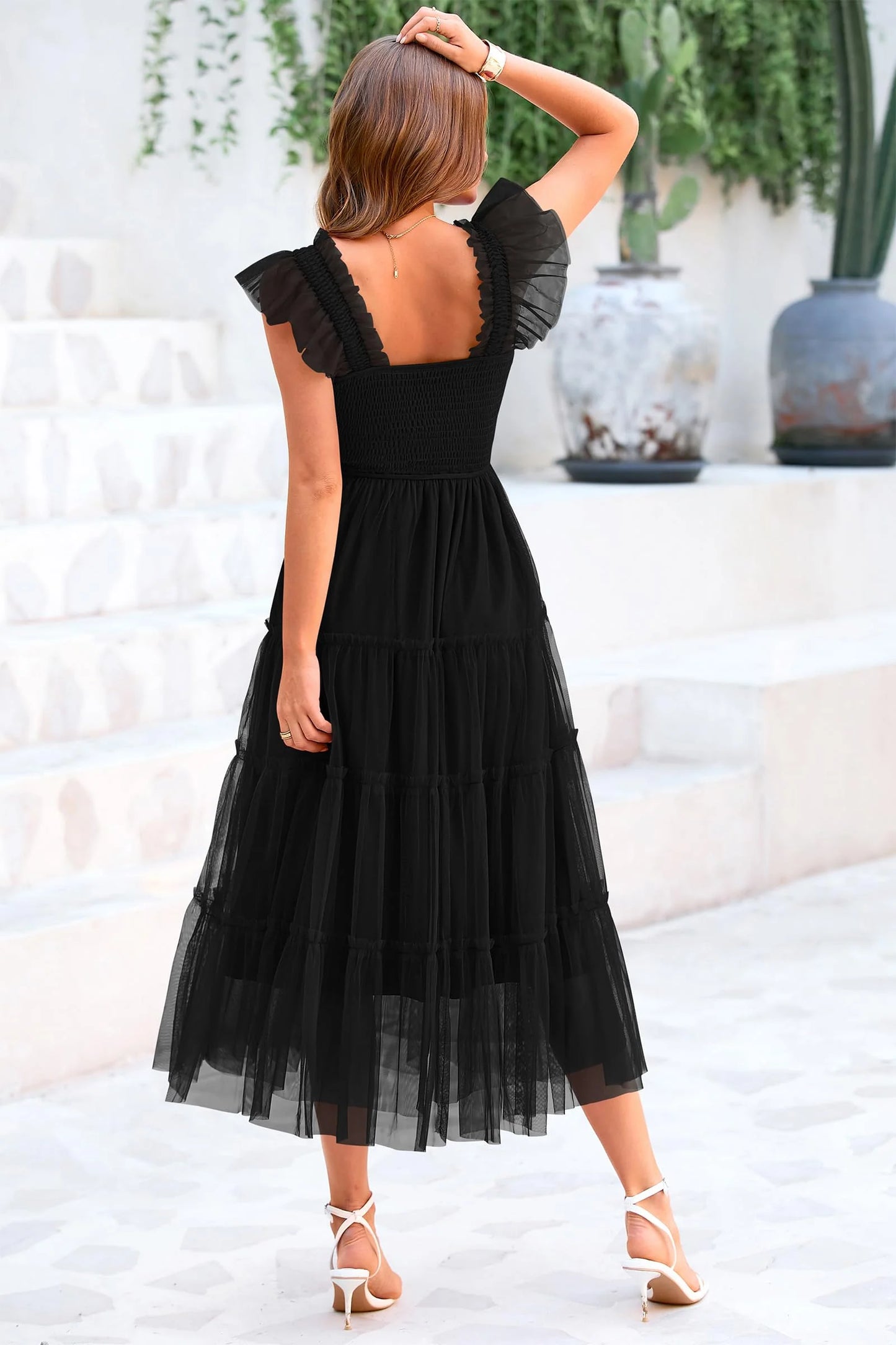 Women's Tulle Midi Dress Sleeveless Smocked Ruffle Mesh Flowy Dresses Party Wedding Guest Sundress