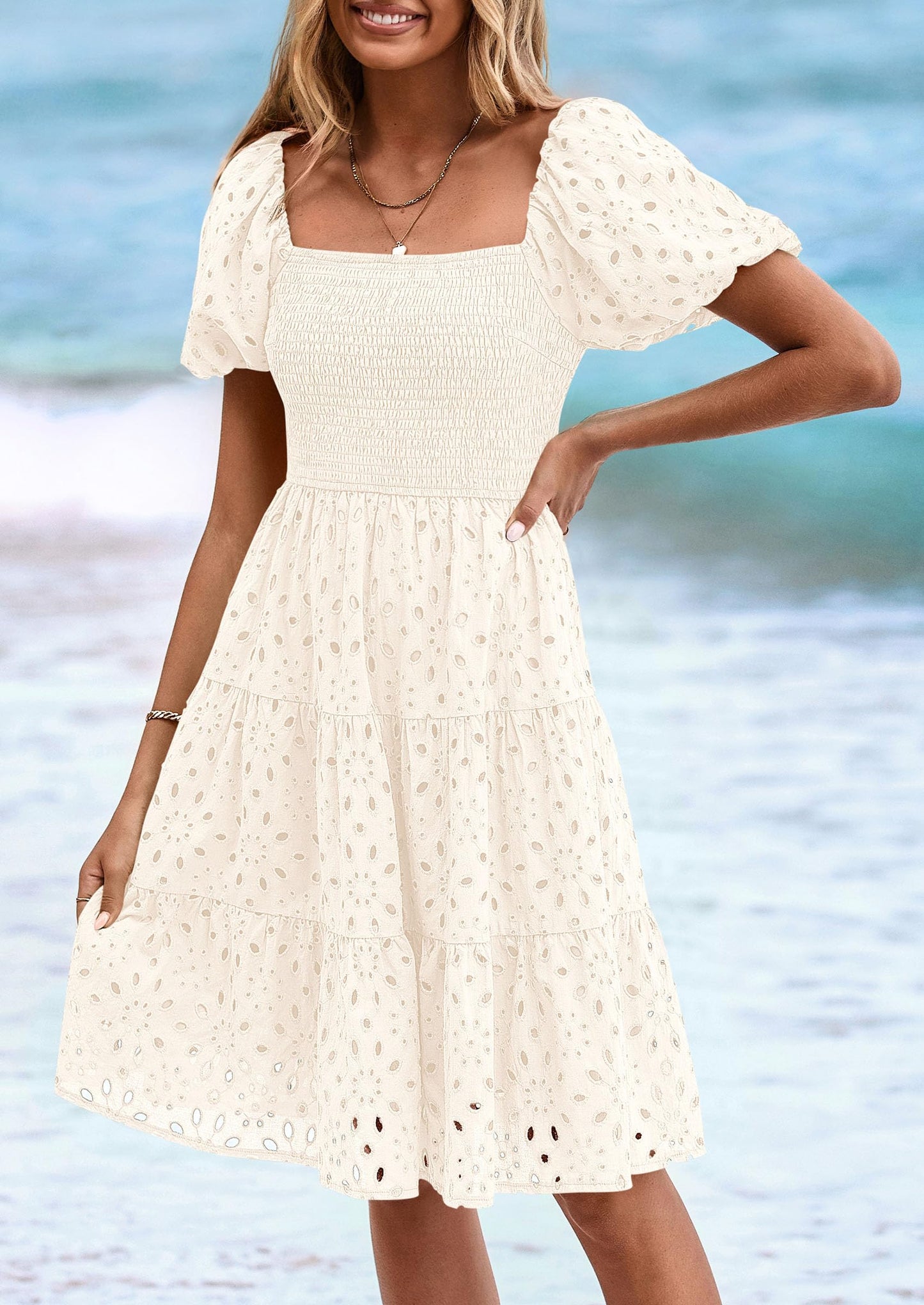 Womens Summer Puff Sleeve Mini Dress Off Shoulder Eyelet Smocked A Line Casual Babydoll Short Dresses