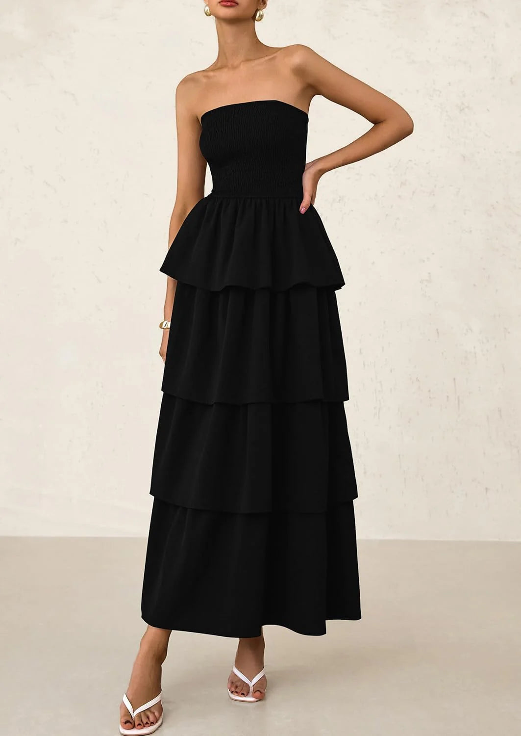 Maxi Dresses for Women Off Shoulder Smocked Tiered Ruffle Long Flowy Wedding Guest Dress