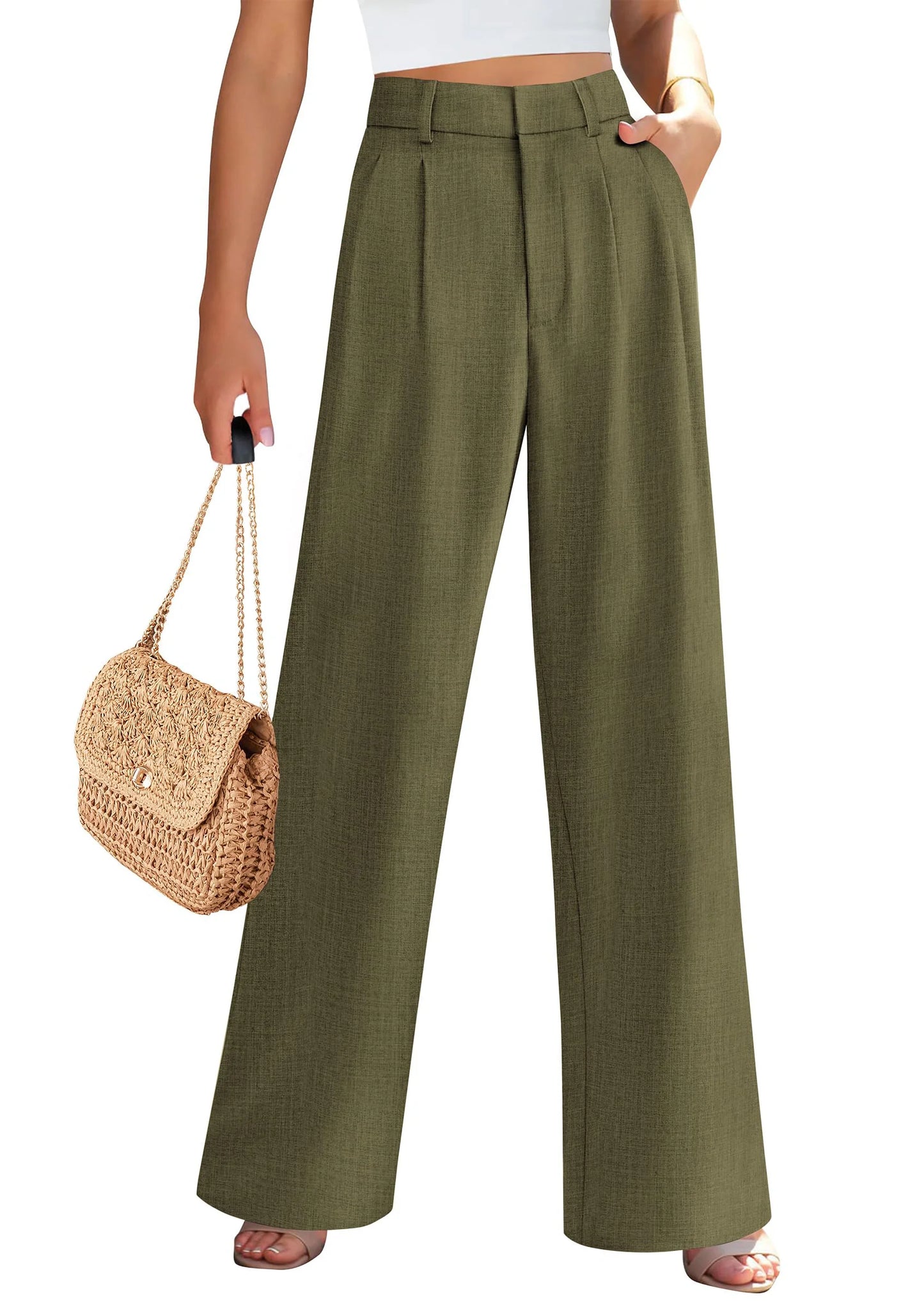 Women's Summer Elastic High Waisted Work Pants Straight Leg Dressy Business Casual Trousers Slacks Pockets
