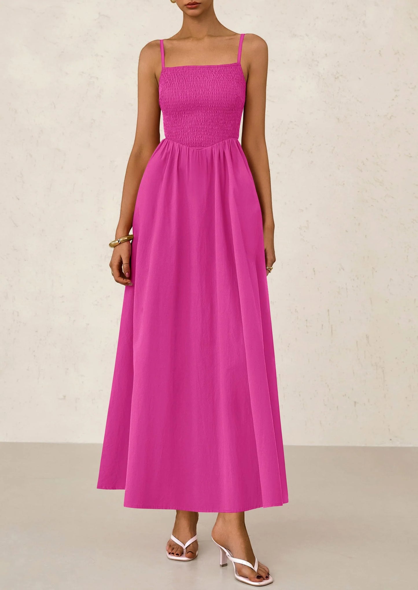 Women's Smocked Maxi Dresses Beach Sundress Casual Spaghetti Strap Swing A Line Long Flowy Dress