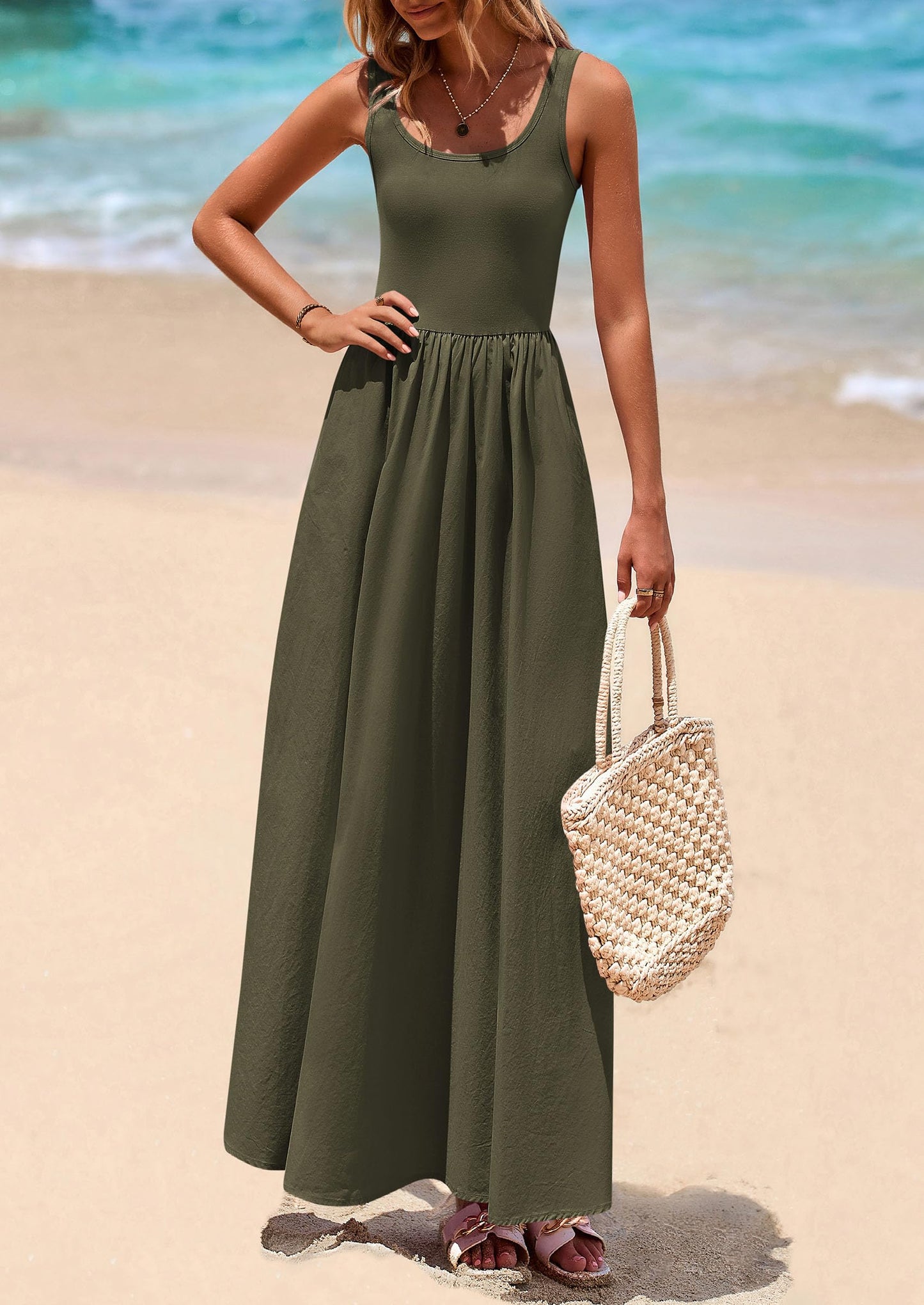 Womens Summer Casual Scoop Neck Sleeveless Long Dresses Tank Top Patchwork Aline Swing Maxi Dress with Pockets