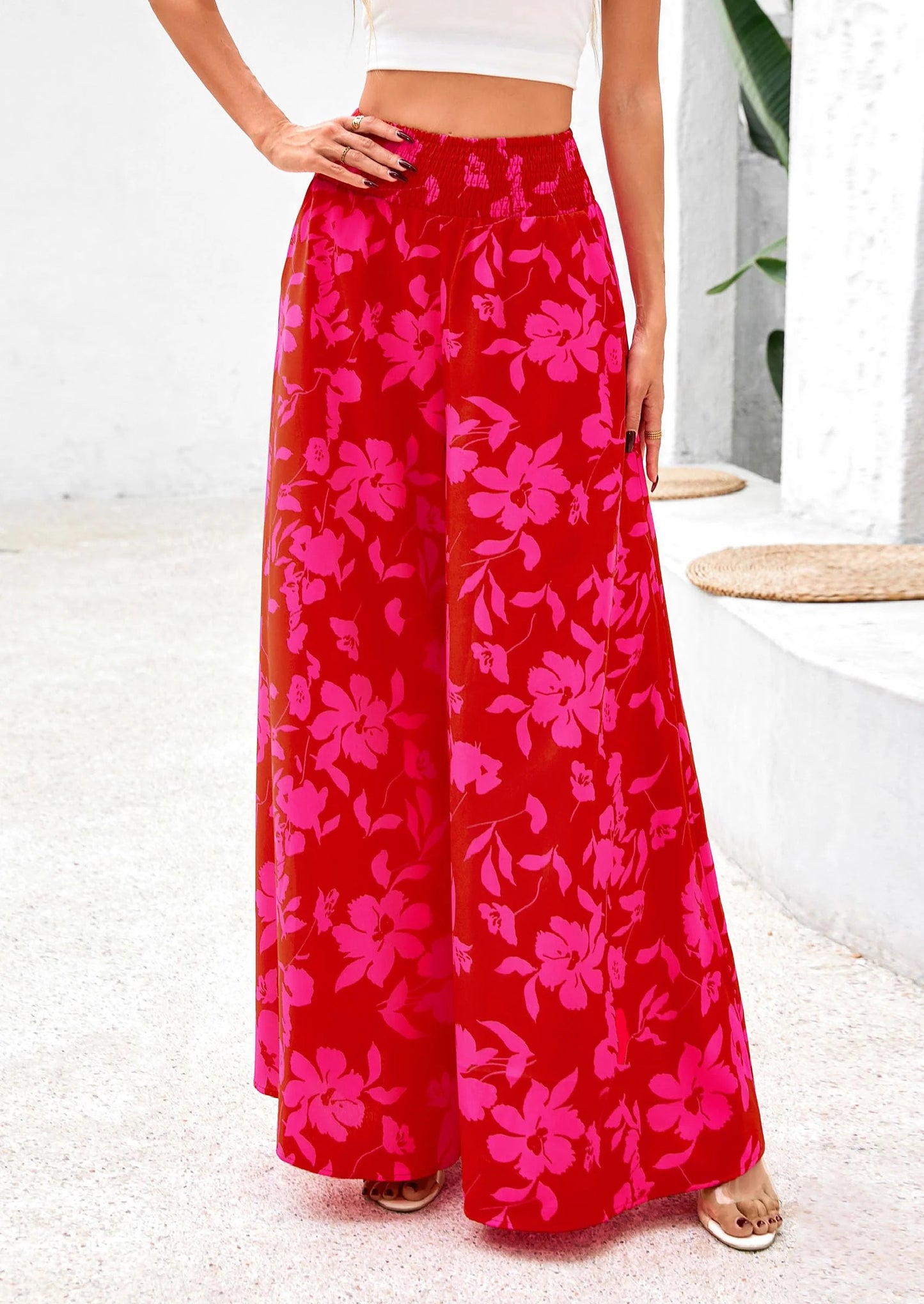 Casual Elastic High Waisted Pockets Boho Beach Wide Leg Palazzo Pants