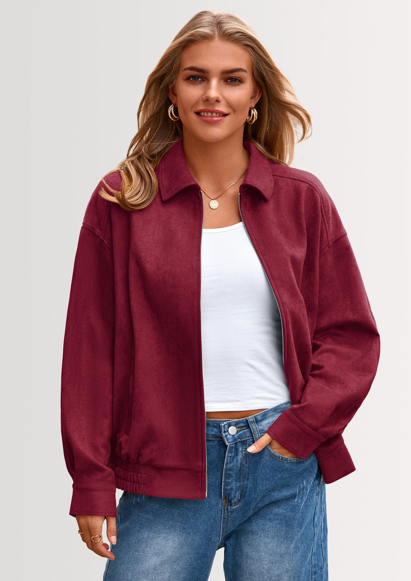 Women's Faux Suede Motorcycle Jacket Trendy Fall Fashion Oversized Zip Up Coats Winter Clothes Outerwear