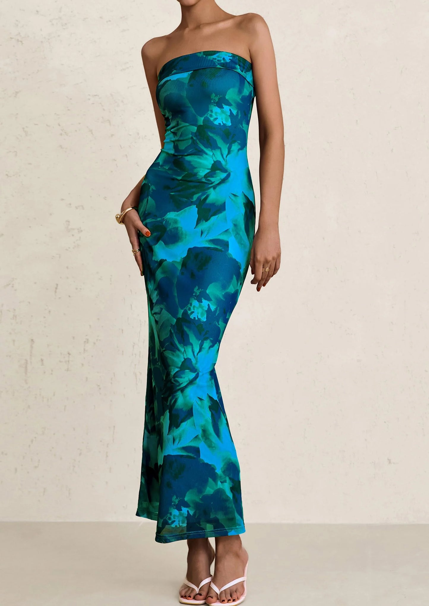 Womens Printed Tube Maxi Dress Strapless Bodycon Sleeveless Night Out Long Dresses