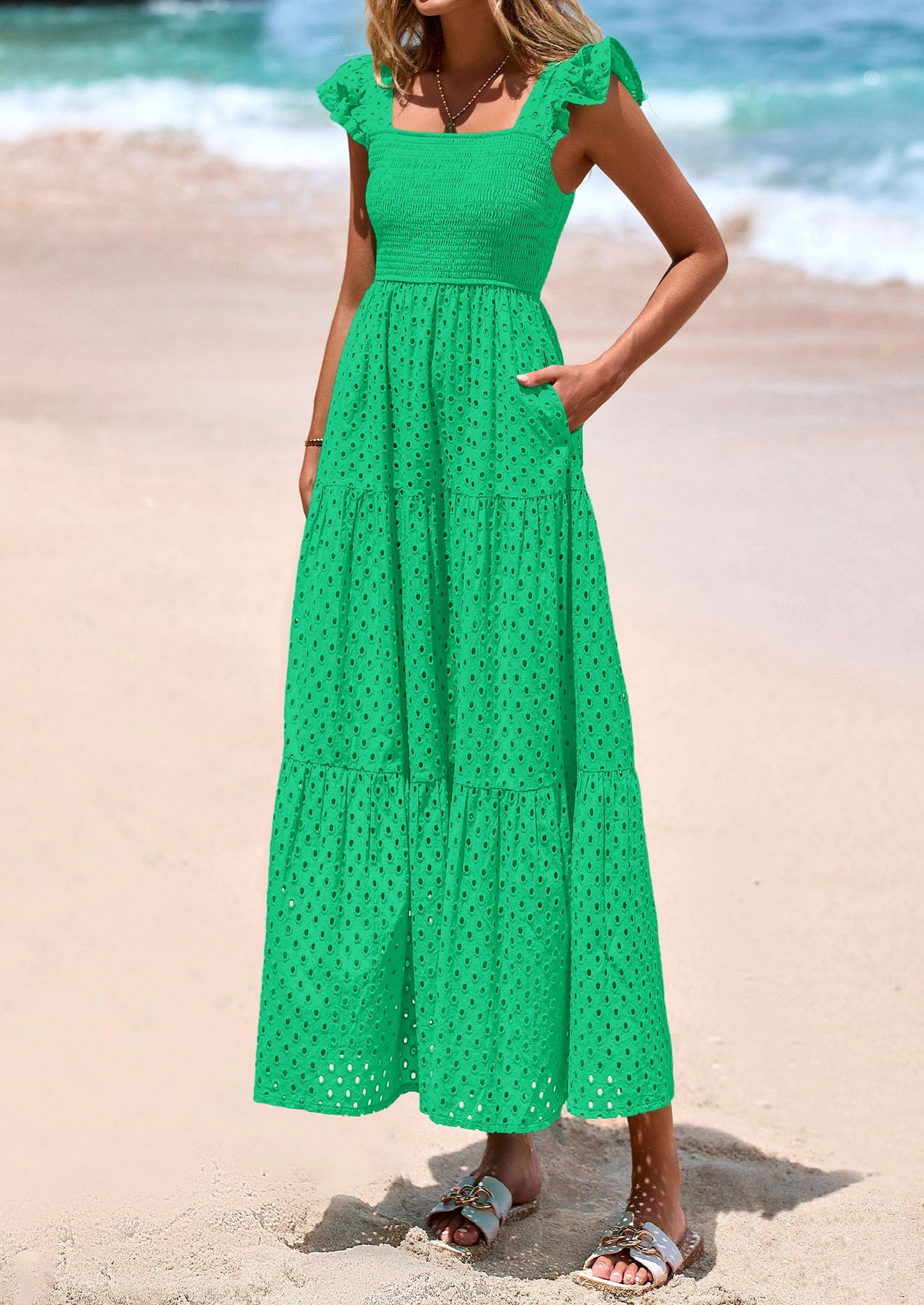 Womens Square Neck Maxi Dresses Cap Sleeve Eyelet Smocked Tiered A Line Flowy Long Dress with Pockets