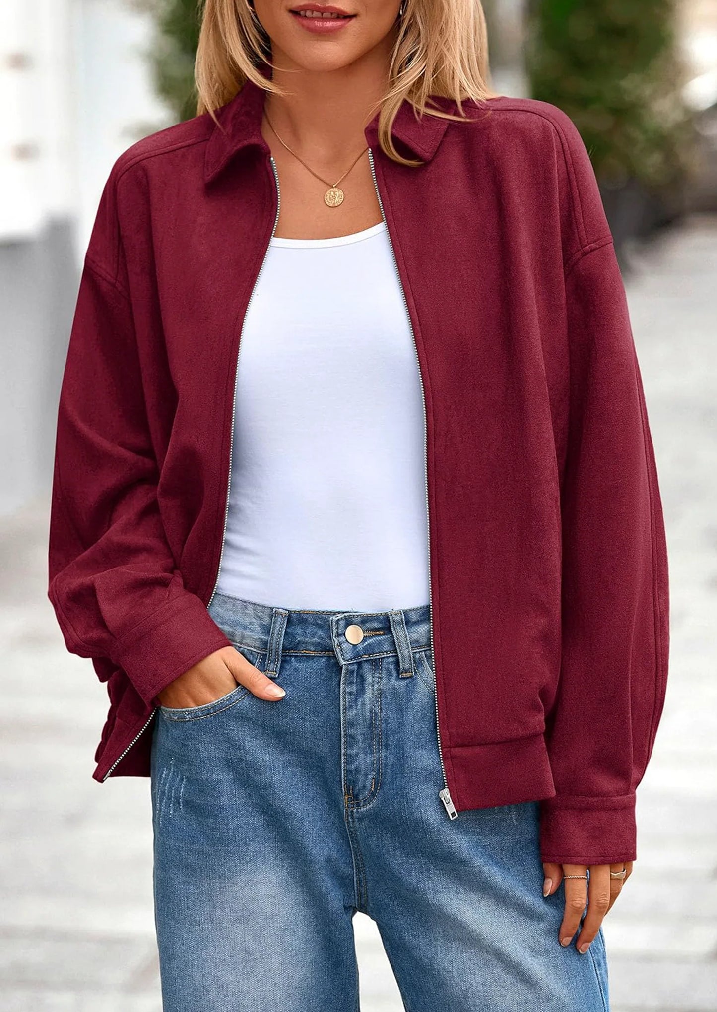 Women's Faux Suede Motorcycle Jacket Trendy Fall Fashion Oversized Zip Up Coats Winter Clothes Outerwear