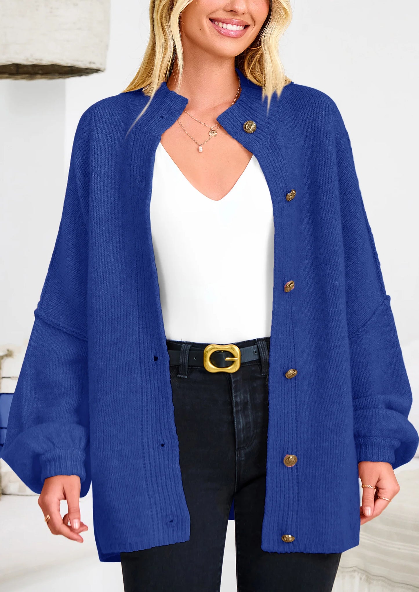 Women's Winter Button Down Cardigan Sweaters Mock Neck Lantern Long Sleeve Chunky Knit Jacket Trendy Outerwear
